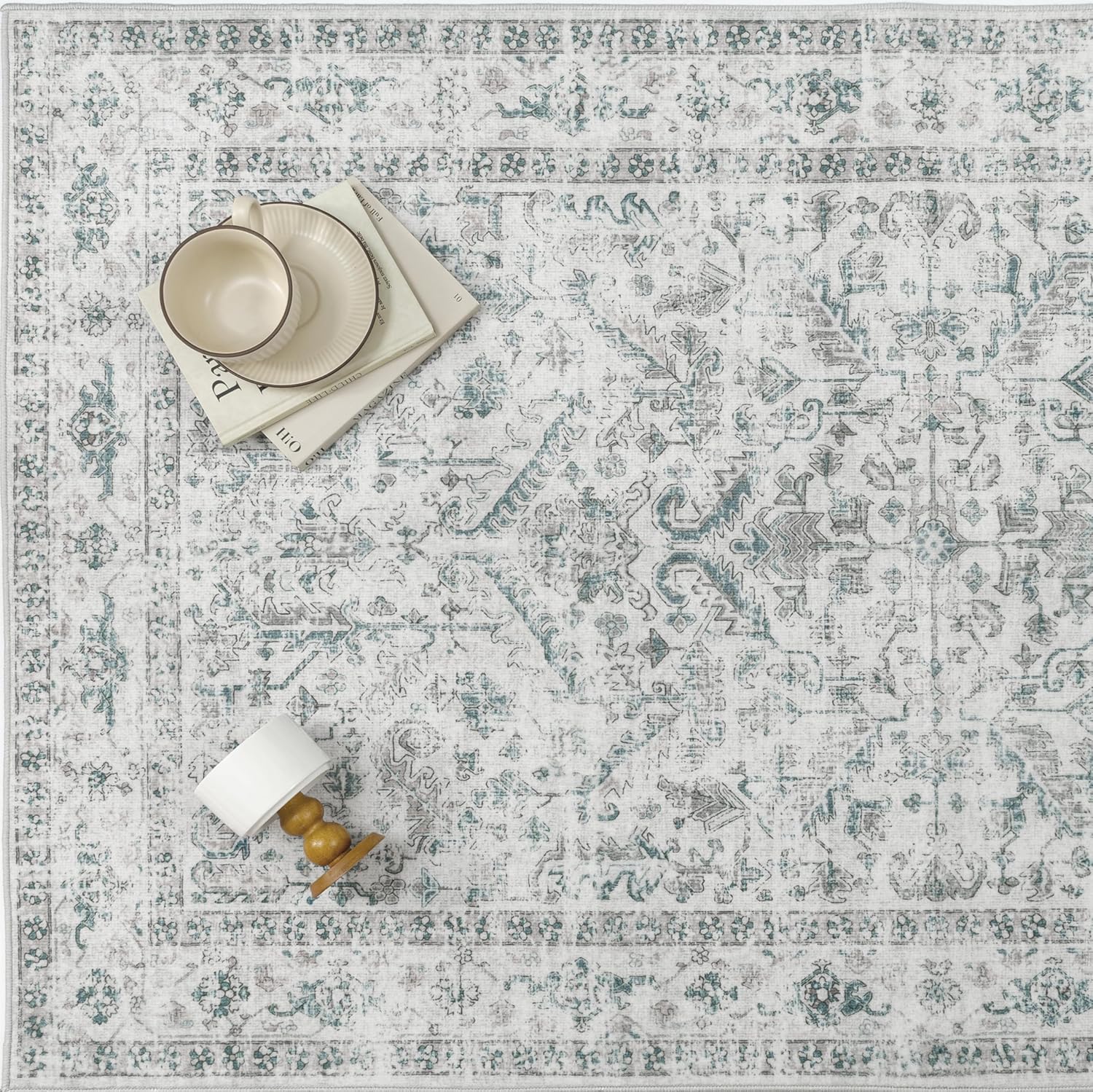 Blue 6x9 Area Rug Vintage Washable Living Room Carpet Non Slip Bedroom Indoor Office Low Pile Large Traditional Distressed Retro Accent Rug for Dining Room Bathroom Kitchen - Image 7