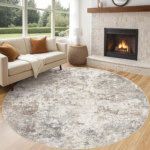 8ft Round Area Rug Living Room Rugs - 8x8 Washable Neutral Modern Abstract Soft Thin Rug Indoor Floor No Slip Rug Carpet for Bedroom Under Dining Table Home Office Decor - Brown Grey