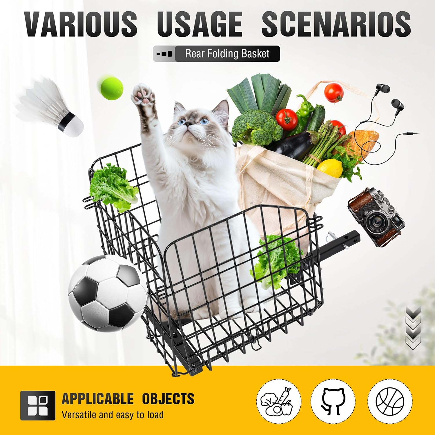 ECOTRIC Rear Folding Basket Compatible with Most Pride Mobility Scooters Waterproof Made of Steel and Works with 1" Receiver Storage Cargo Basket Black