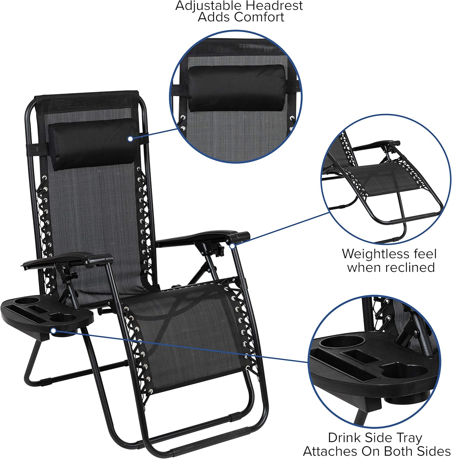 Flash Furniture Adjustable Folding Mesh Zero Gravity Reclining Lounge Chair with Pillow and Cup Holder Tray in Black, Set of 2 : Everything Else