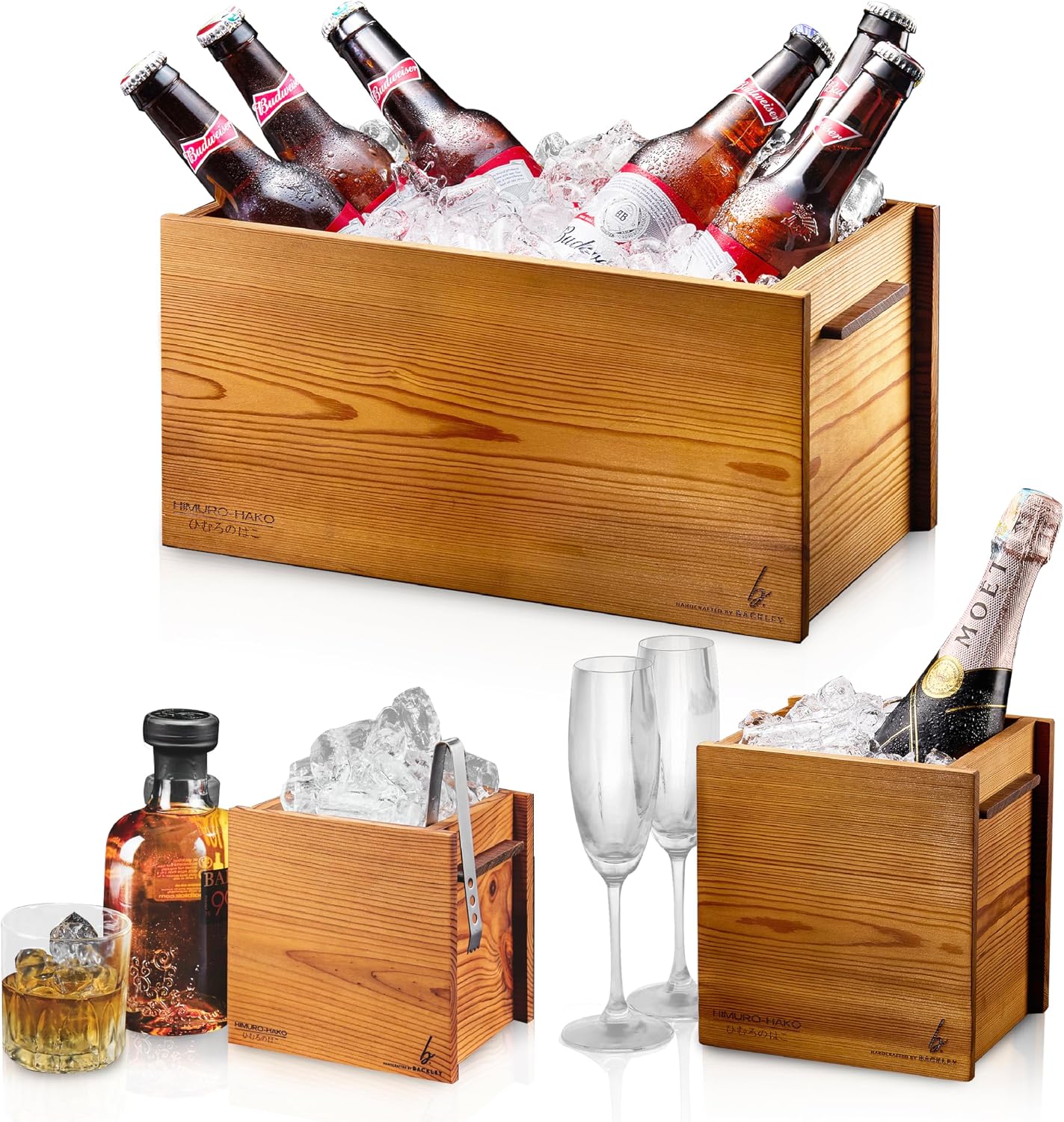 Wooden Ice Bucket for Parties – Insulated Beer & Champagne Cooler, Low Condensation – Handcrafted Drink Bucket & Wine Chiller, Hosting Essentials, Mimosa Bar Supplies (Himuro 3in1)