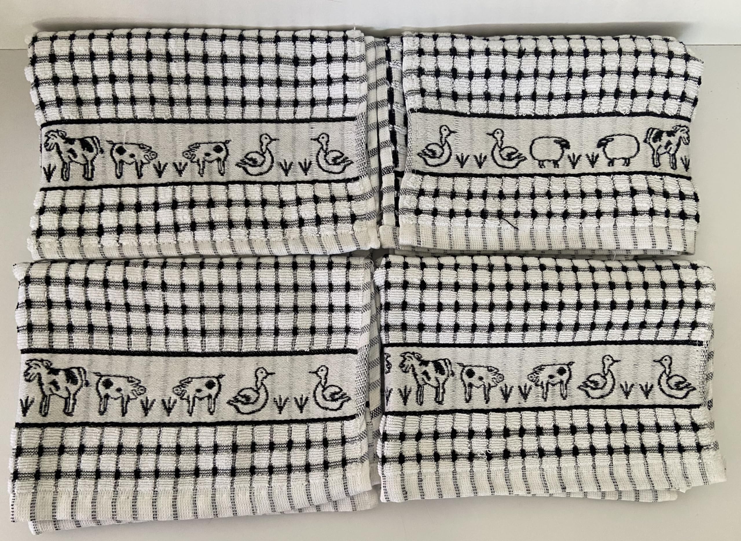 Riggs Black/White 100% Cotton Terry Check 4 Pack Farmyard Animal Design Kitchen Hand Tea Towels In & 50Cm X 70Cm