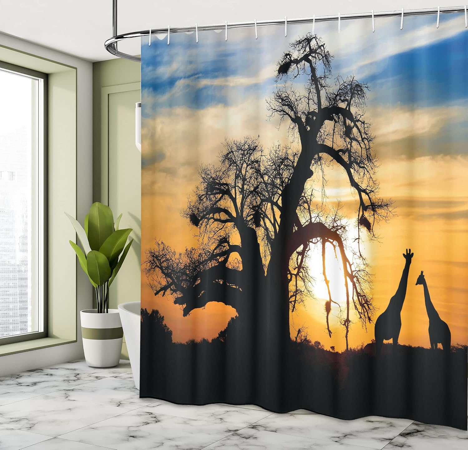 Ambesonne Wildlife Shower Curtain, Sunset in Africa Baobab Tree and Giraffes Silhouette at Sunset Sky Exotic Scenery, Cloth Fabric Bathroom Decor Set with Hooks, 69" W x 70" L, Orange Blue