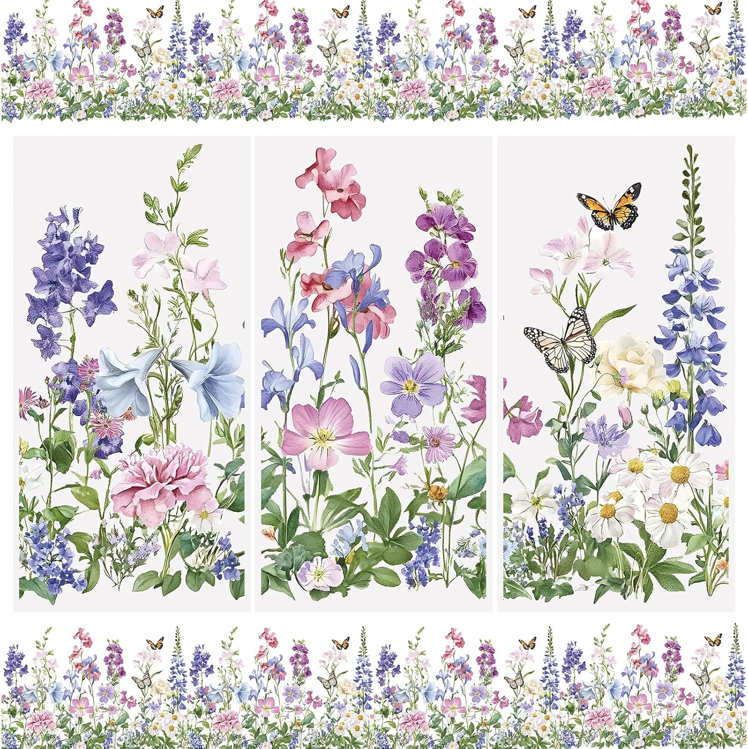 WANDIC 3 Sheets Furniture Transfer Stickers Horizontal Flowers Butterfly Design for DIY Decoration Scrapbooking Packaging Creative Crafts 15x30cm