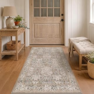 Vintage Moss Green Entryway Rug, 3x5 Washable Area Rugs for Kitchen, Bathroom, Bedroom, Boho Oriental Low Pile Stain Resistant Non-Slip Small Throw Rug
