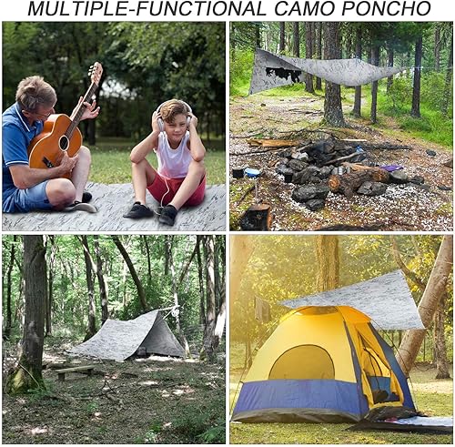 Miniatura 7 de Tongcamo Poncho de lluvia de camuflaje impermeable 210T Ripstop con capucha para caza, camping, tienda de campaña marina refugio