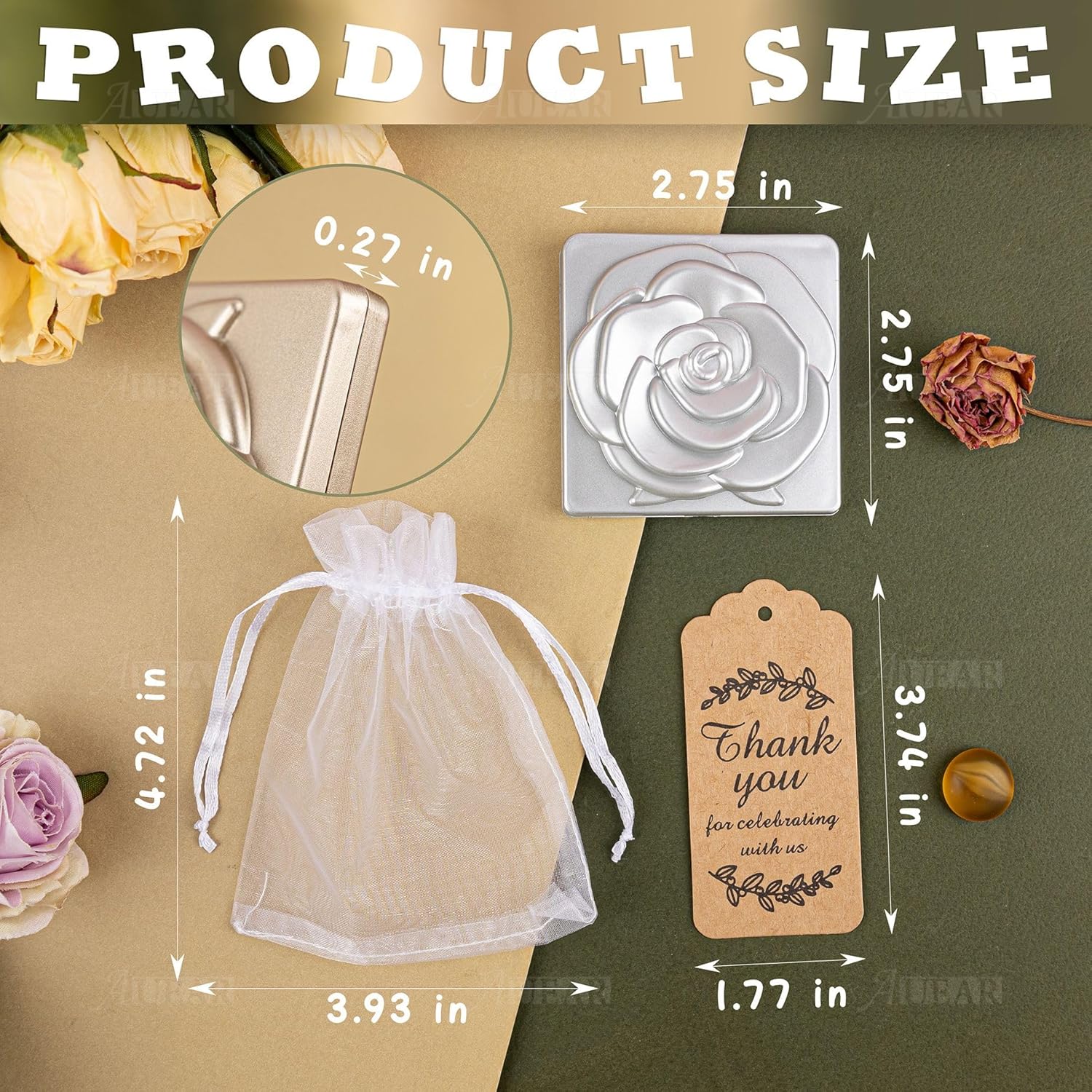 AUEAR, 30 Sets Rose Compact Mirrors Quinceanera Party Favors for Guests Pocket Mirror with Thank You Tags Organza Bag for Wedding Gifts (Silver)
