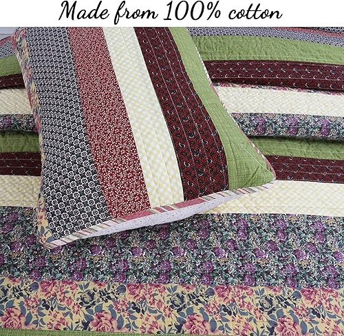 Vista 29 de Cozy Line Home Fashions - Juego de ropa de cama, edredón reversible 100% algodón, diseño floral campestre, tela de retazos, a cuadros, color rojo