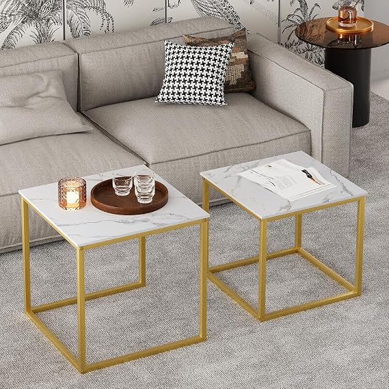 Huhote Nesting Tables, Set of 2 End Table, Coffee Tables with Metal Frame | Side Table for Living Room/Bedroom/Balcony/Office/Apartment, Diameter 50/45 cm (Gold Frame, White Marble Pattern Top)