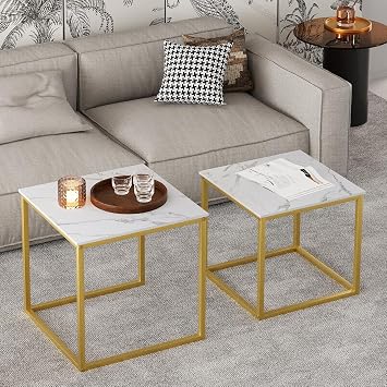 Huhote Nesting Tables, Set of 2 End Table, Coffee Tables with Metal Frame | Side Table for Living Room/Bedroom/Balcony/Office/Apartment, Diameter 50/45 cm (Gold Frame, White Marble Pattern Top)