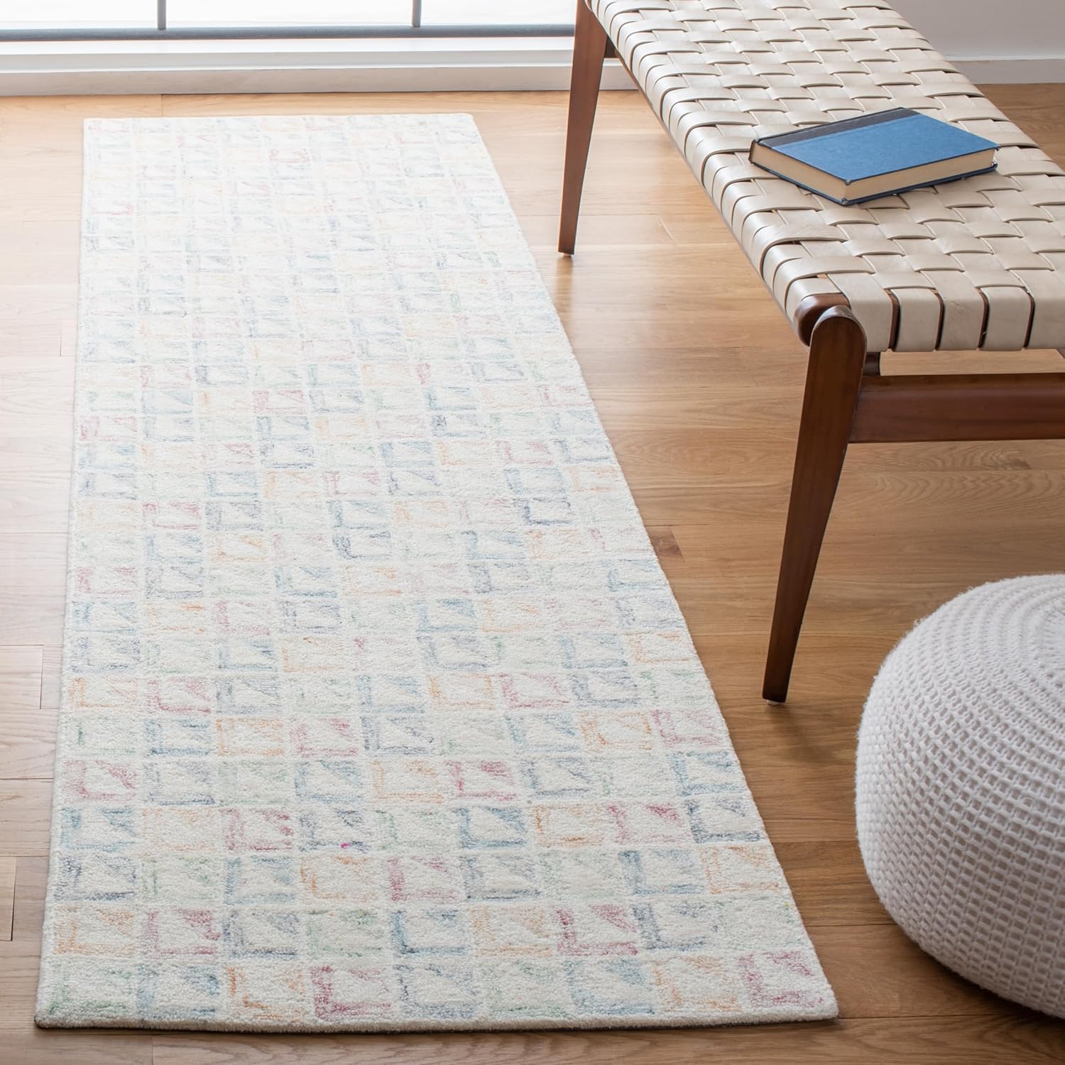 SAFAVIEH Rodeo Drive Collection Runner Rug - 2'3" x 8', Ivory & Blue, Handmade Mid-Century Modern Abstract Wool, Ideal for High Traffic Areas in Living Room, Bedroom (RD102M)