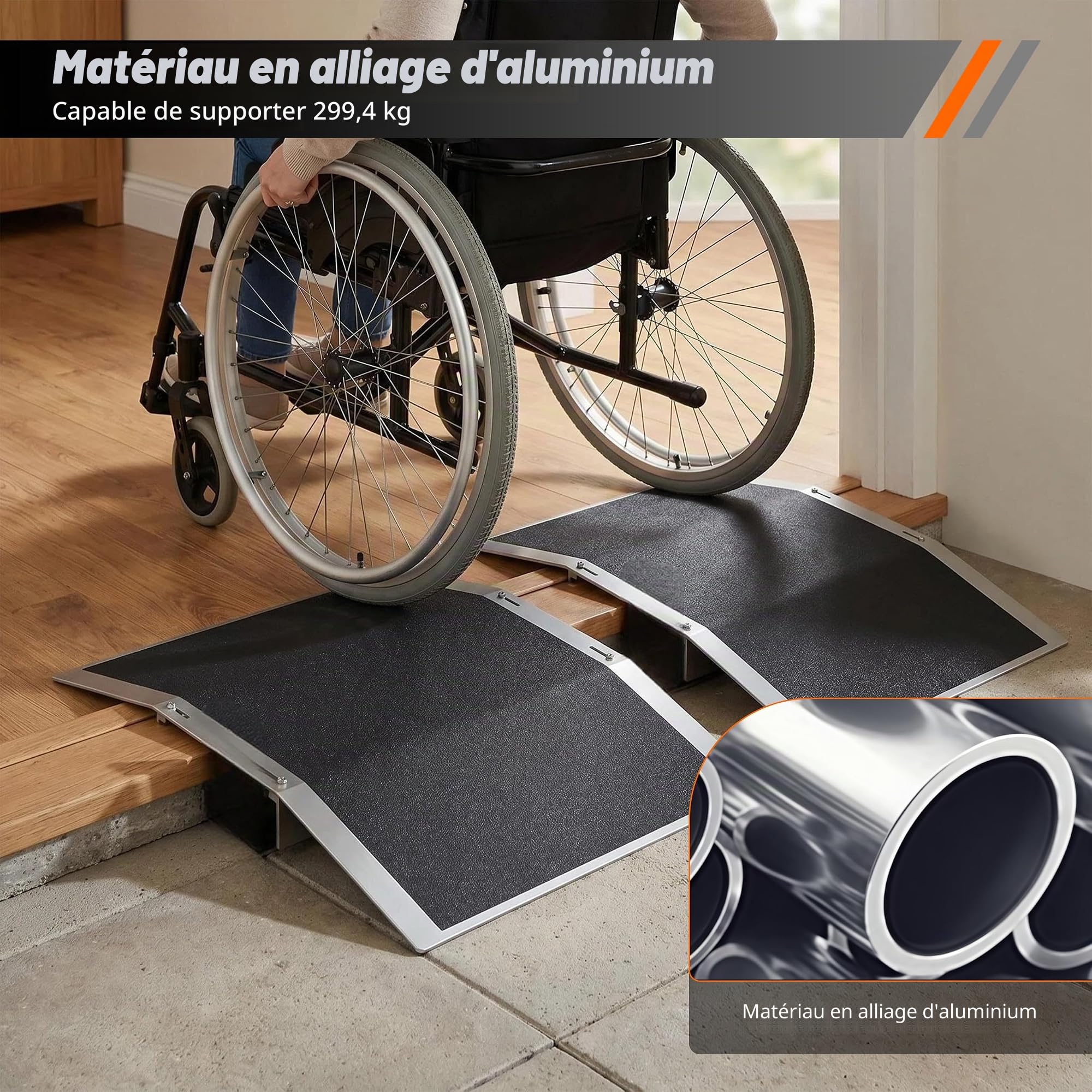 Lot de 2 rampes de seuil de porte - 30 x 43 cm - Rampe de fauteuil roulant réglable en aluminium - Pour passages de porte de 7 à 13 cm de large - Antidérapante - Pour fauteuil roulant, vélo - Charge