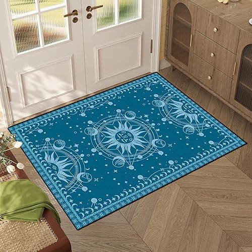 Miniatura 4 de Alfombra bohemia con sol y luna, para dormitorio, sala de estar, diseño bohemio y oculto con estrellas solares y galaxia, 63 x 31 pulgadas, zafiro