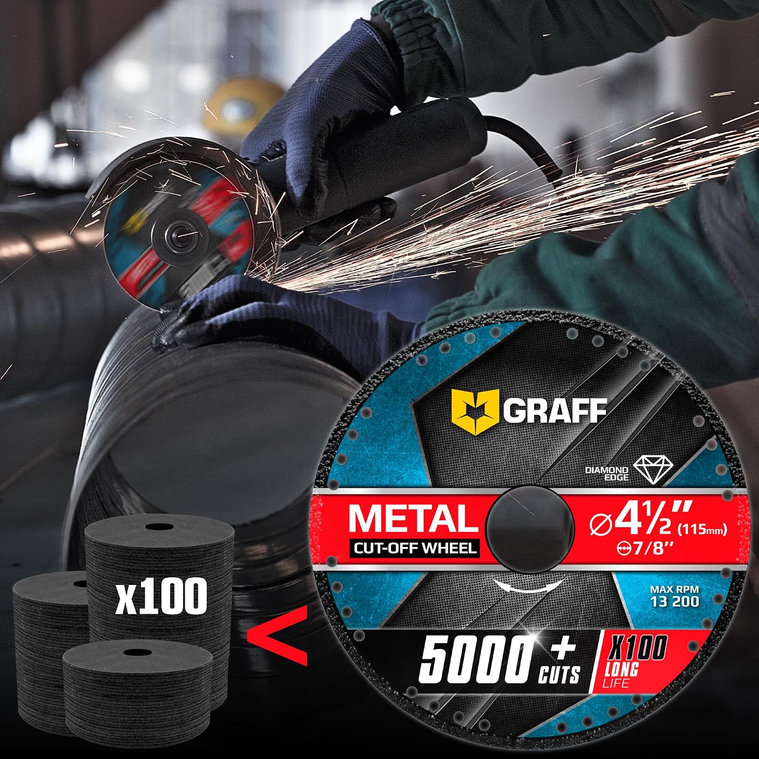Cut Off Wheels 4 1/2 Inch for Metal and Steel – Diamond Metal Cutting Disc for Angle Grinder with 7/8 Inch Arbor – 100x Longer Wheel Life GRAFF Black