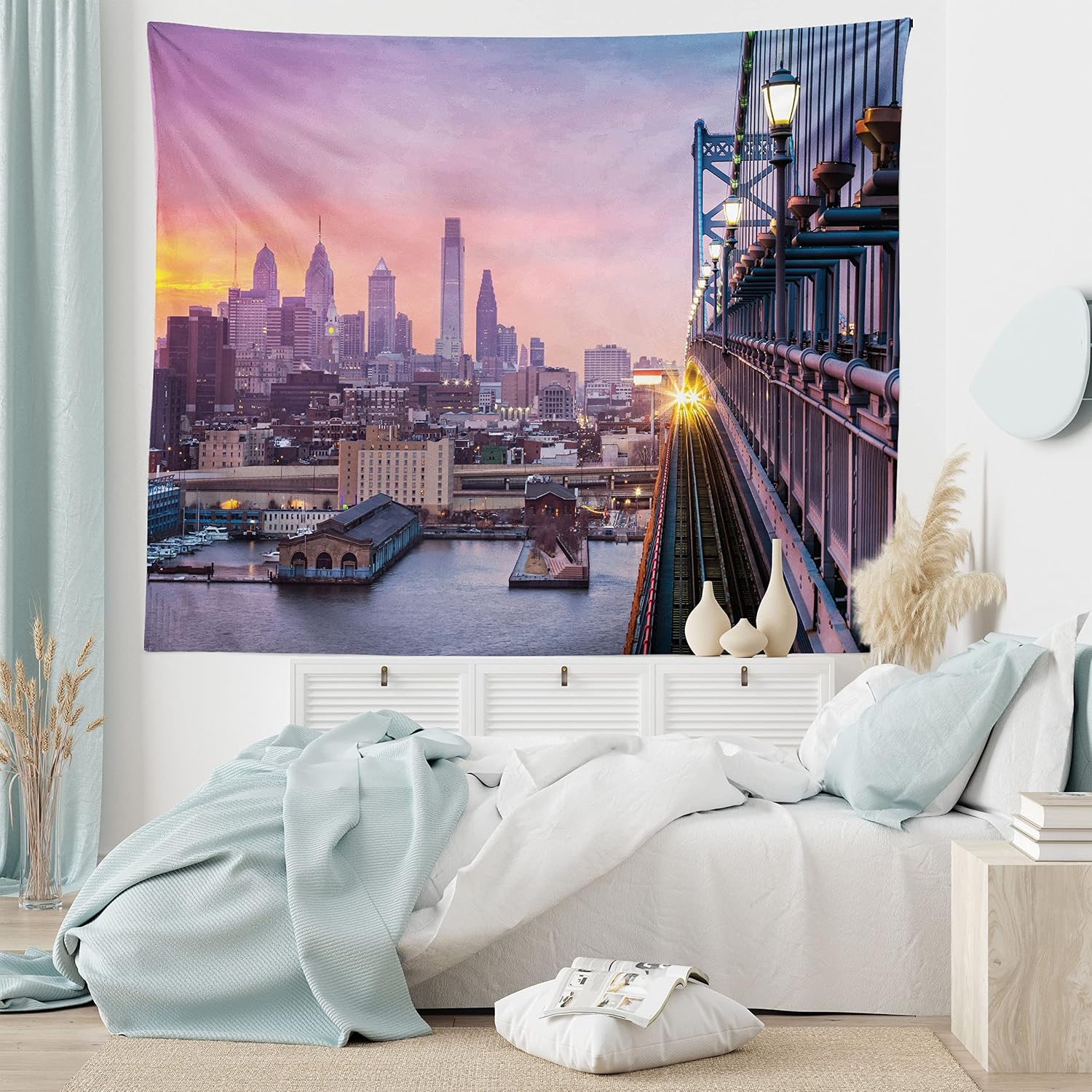 Ambesonne American Tapestry, Philadelphia Under a Sunset Train on Vibrant Bridge Skyscrapers Landscape, Wide Wall Hanging for Bedroom Living Room Dorm, 60" X 40", Blue Purple