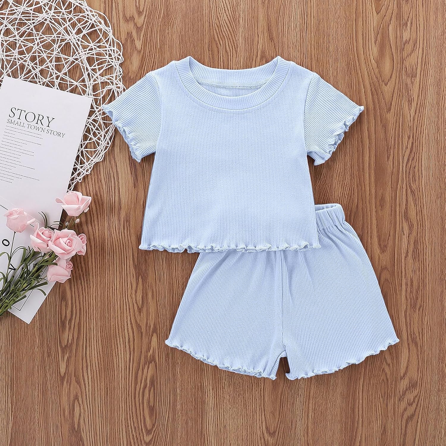 Toddler Baby Girl Summer Clothes Ribbed Knit Cotton Cute Summer Outfits Short Sleeves 2 Pieces Shorts Set 12M - 5T - Image 2