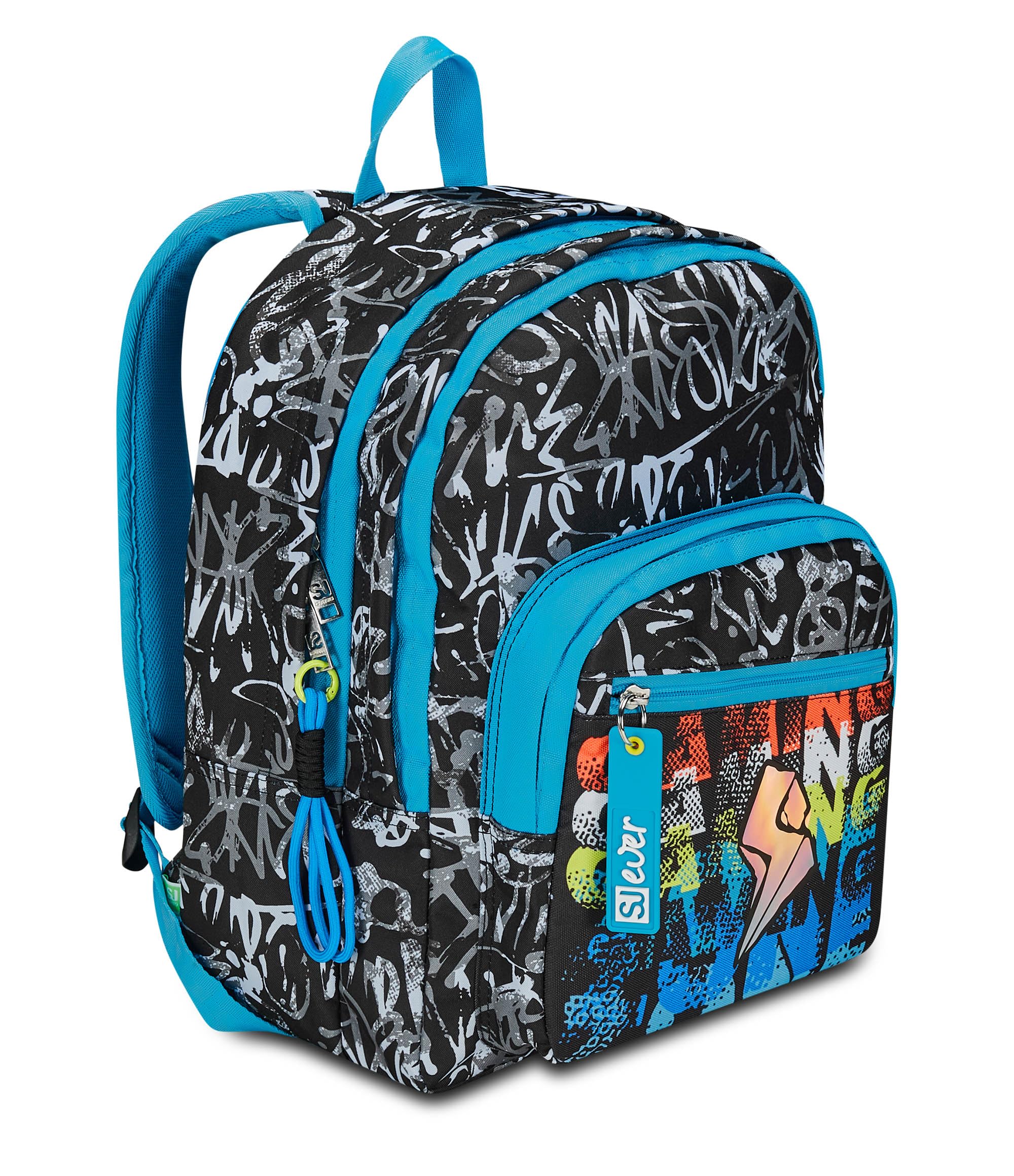 SJ Ever Zaino Scuola Doppio Scomparto, Nero e Azzurro, Blackwall Boy, Con Tasca Porta Borraccia, Zaino Scuola Elementare, Zaino Bambino