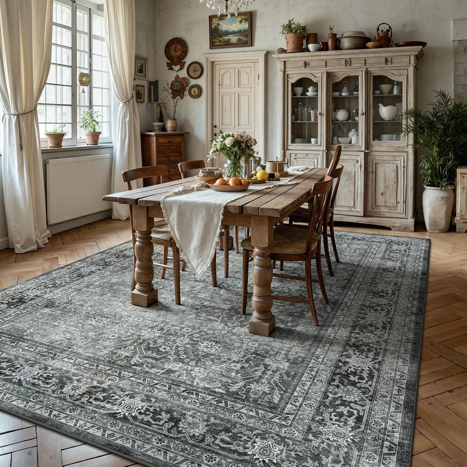 6x9 Area Rugs - Washable Vintage Retro Living Room Rug, Soft Ultra Thin Non Slip Low Pile Traditional Distressed Boho Carpet for Bedroom Dining Room Nursery Home Office, Black Grey thumbnail