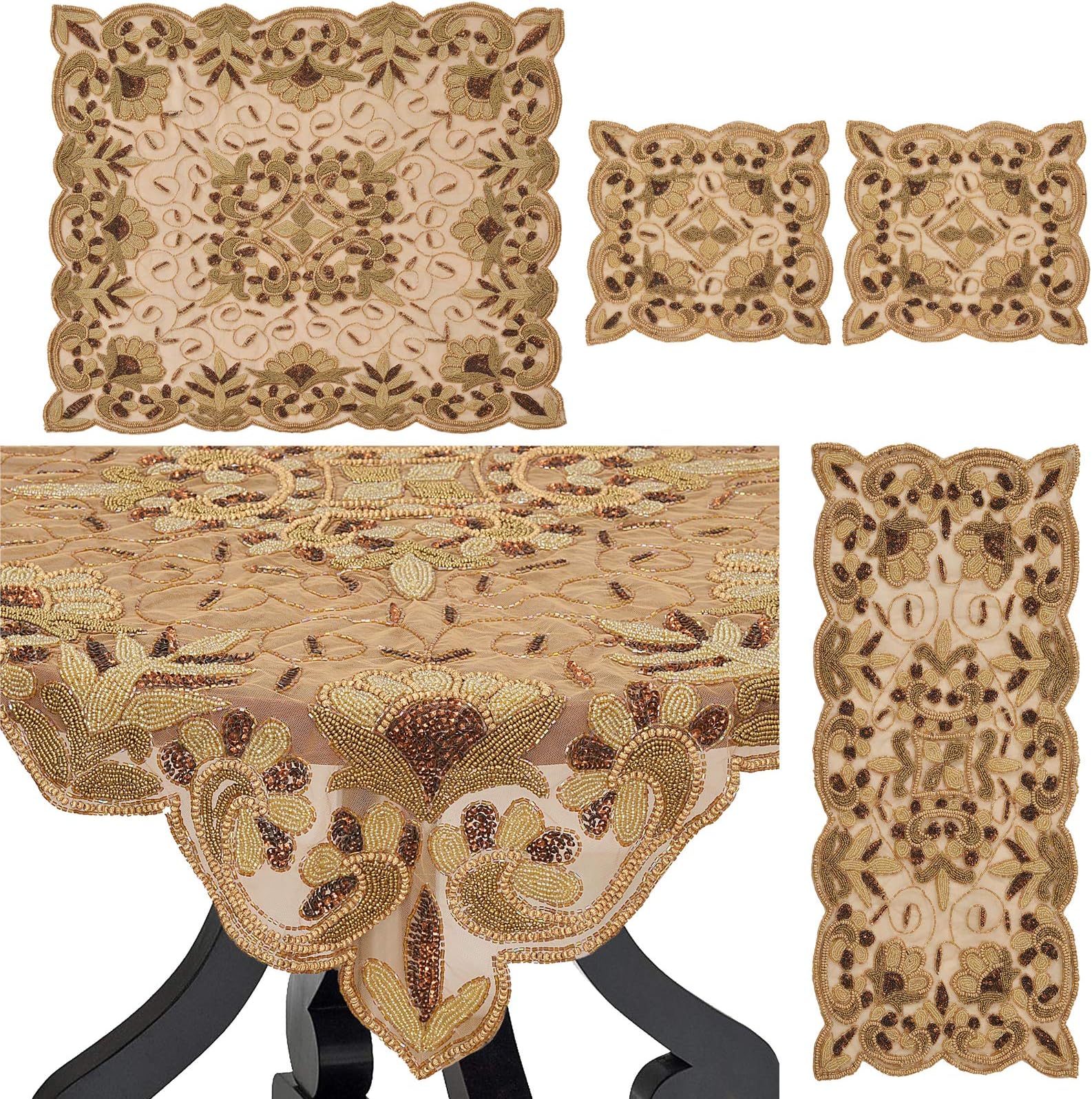 Hand Beaded 4 Set Table Runner Cover Ivory Home Decor Mat for Wedding Christmas Decoration