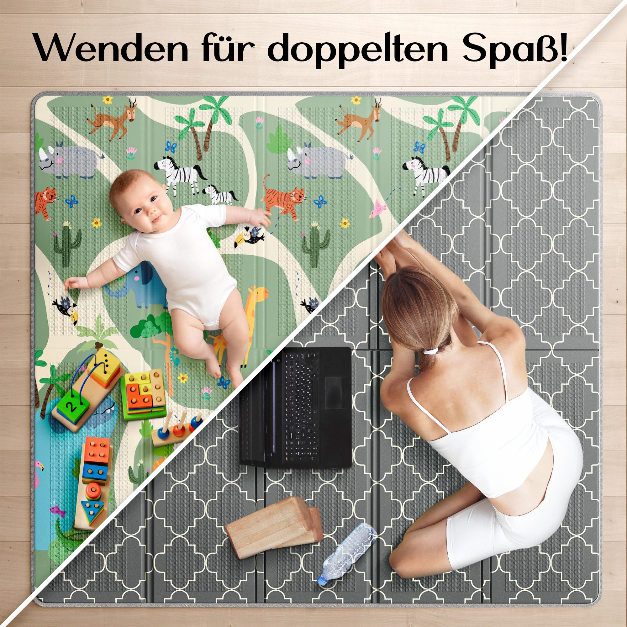 Krabbelmatte Spielmatte für Baby & Kinder Faltbar & Schadstofffrei 150 x 180cm | Kinderzimmer Spielteppich Play Mat Babymatte Bodenmatte | Tragbar & Wasserdicht für Innen & Outdoor - Safari