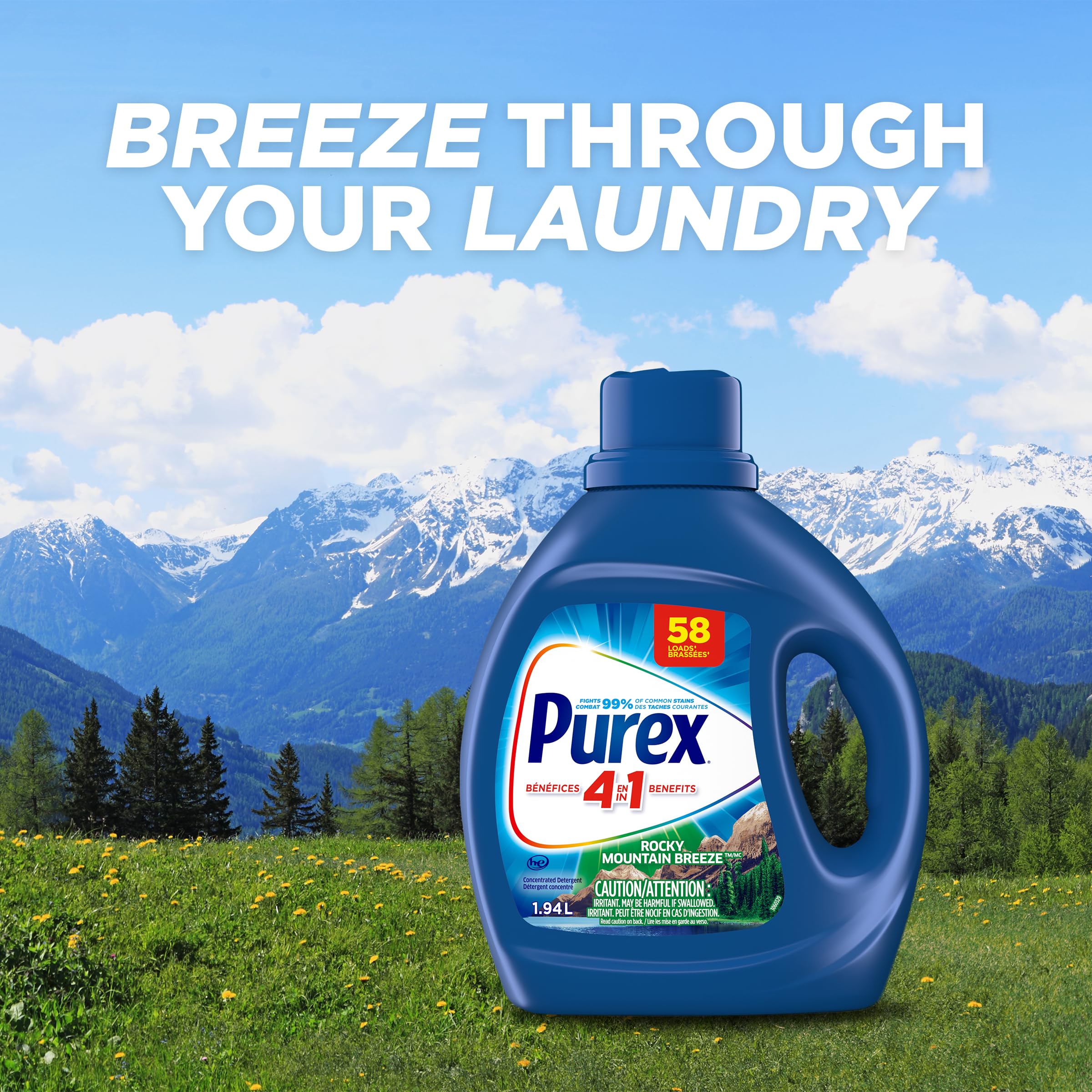 Purex Rocky Mountain Breeze, Concentrated Liquid Laundry Detergent with 4in1 benefits, Tough on Stains, Brightens and Whitens Clothes, 1.94L, 58 Wash Loads, HE Compatible - 4