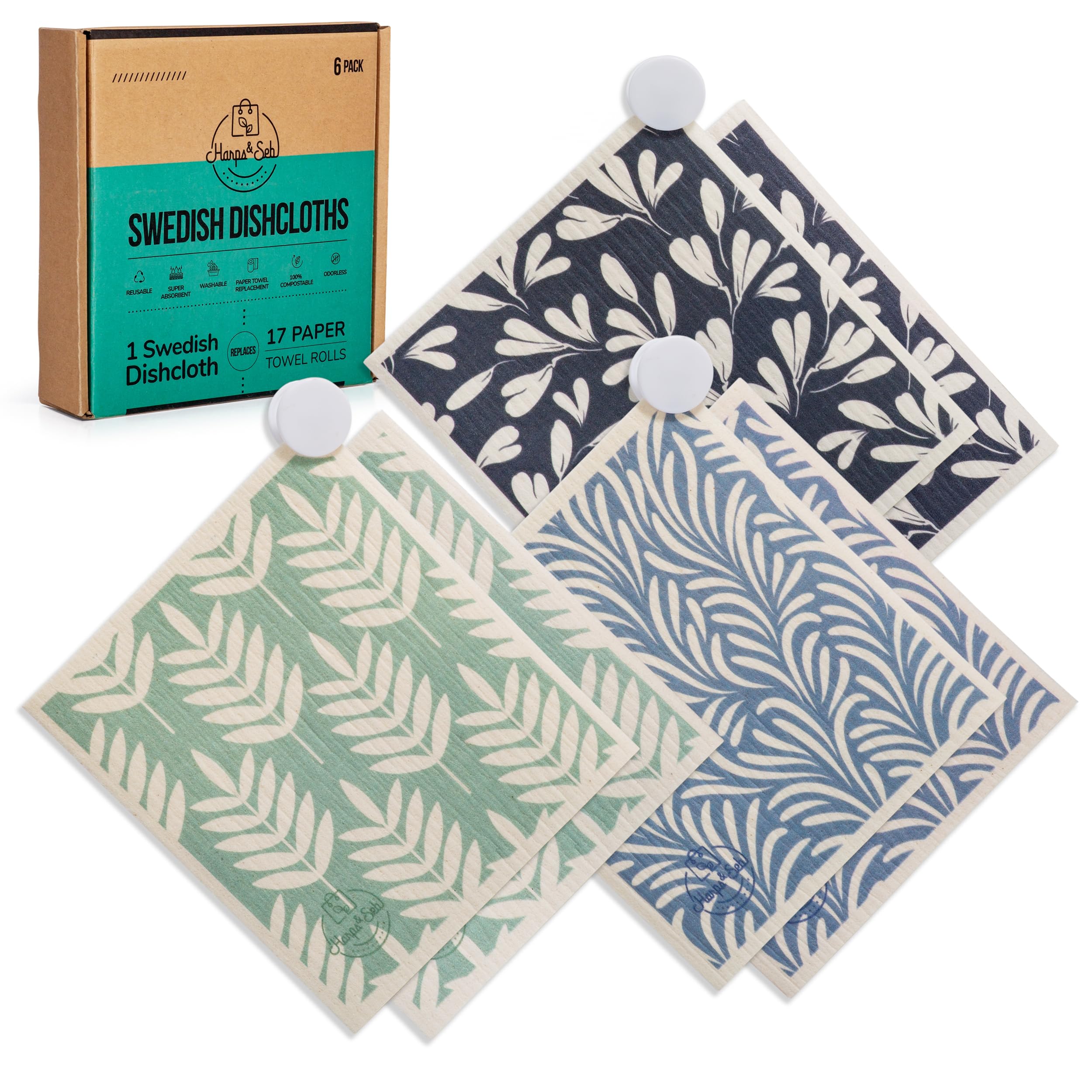 Harps&Seb Paños de cocina suecos para cocina, paquete de 6, toallas de papel reutilizables con clips, súper absorbentes, lavables, antiarañazos, sin olor, biodegradables