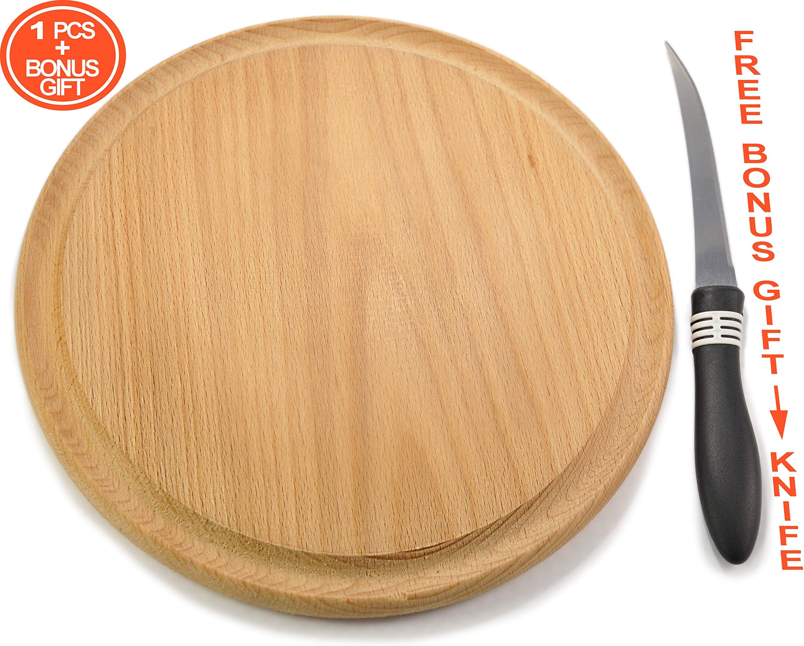 Round cutting board, wooden board with groove for chopping, slicing, mincing, serving pizza tray and food presentation platter, circular kitchen bar tool, meal dish & charger plate, Ø 10 inch, 505176