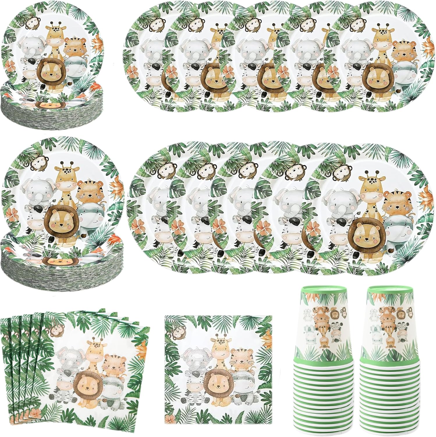 240 Pcs Jungle Safari Baby Shower Decorations Tableware Set Paper Plates and Napkins Paper Cups for Baby Shower Safari Animal Theme Birthday Party Supplies, Serve 60