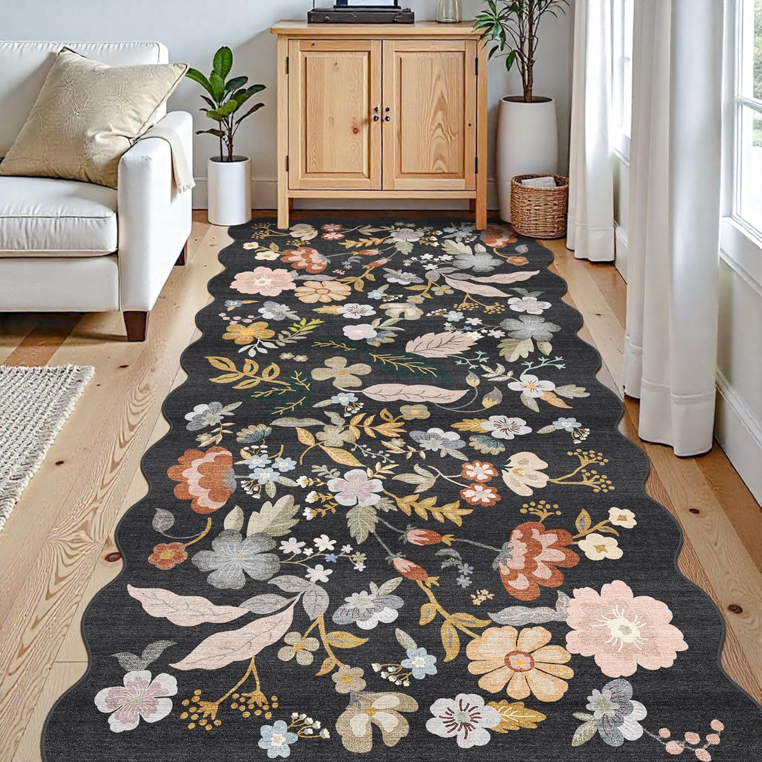 4x8 Rug Non-Slip Washable – Boho Scalloped Runner Rug for Indoor Entryway, Kitchen, Bathroom, Hallway – Low-Pile Thin Floral Wide Carpet Runner for Bedroom, Living Room, Office (Black,4x8) - Image 3