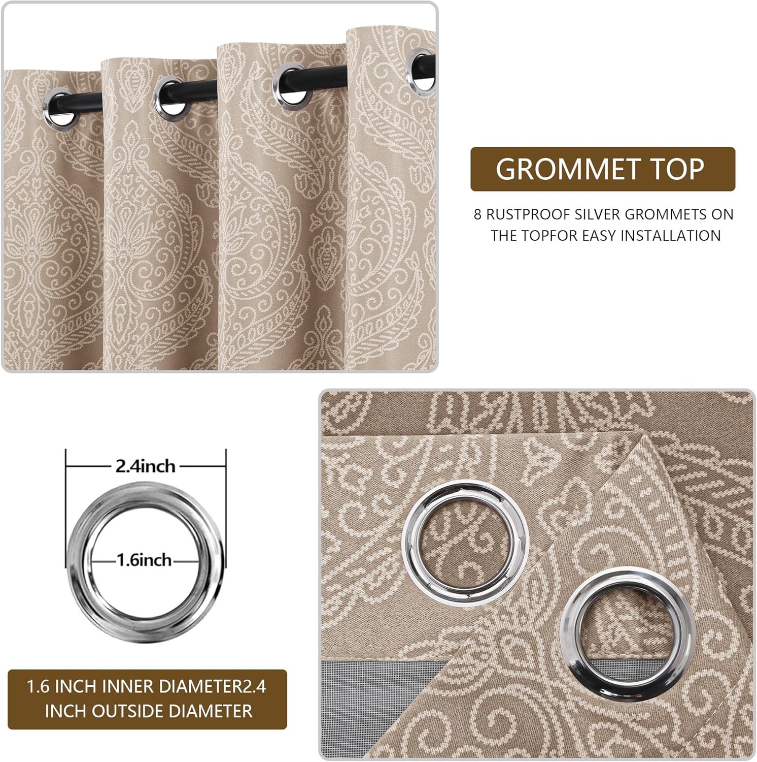 DWCN Ombre 100% Blackout Curtains with Tiebacks- Damask Patterned Thermal Insulated Energy Saving Grommet Curtains for Bedroom, Set of 2 Gradient Window Curtain Panels, 52 x 63 Inches, Brown