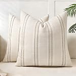 AELS 20x20 Decorative Farmhouse Linen Throw Pillow Covers, Boho Textured Pillow Case, Set of 2, Beige with White & Gray Stitch Yarn Dyed Stripe Cushion Cover for Sofa Couch Living Room (Cover ONLY)