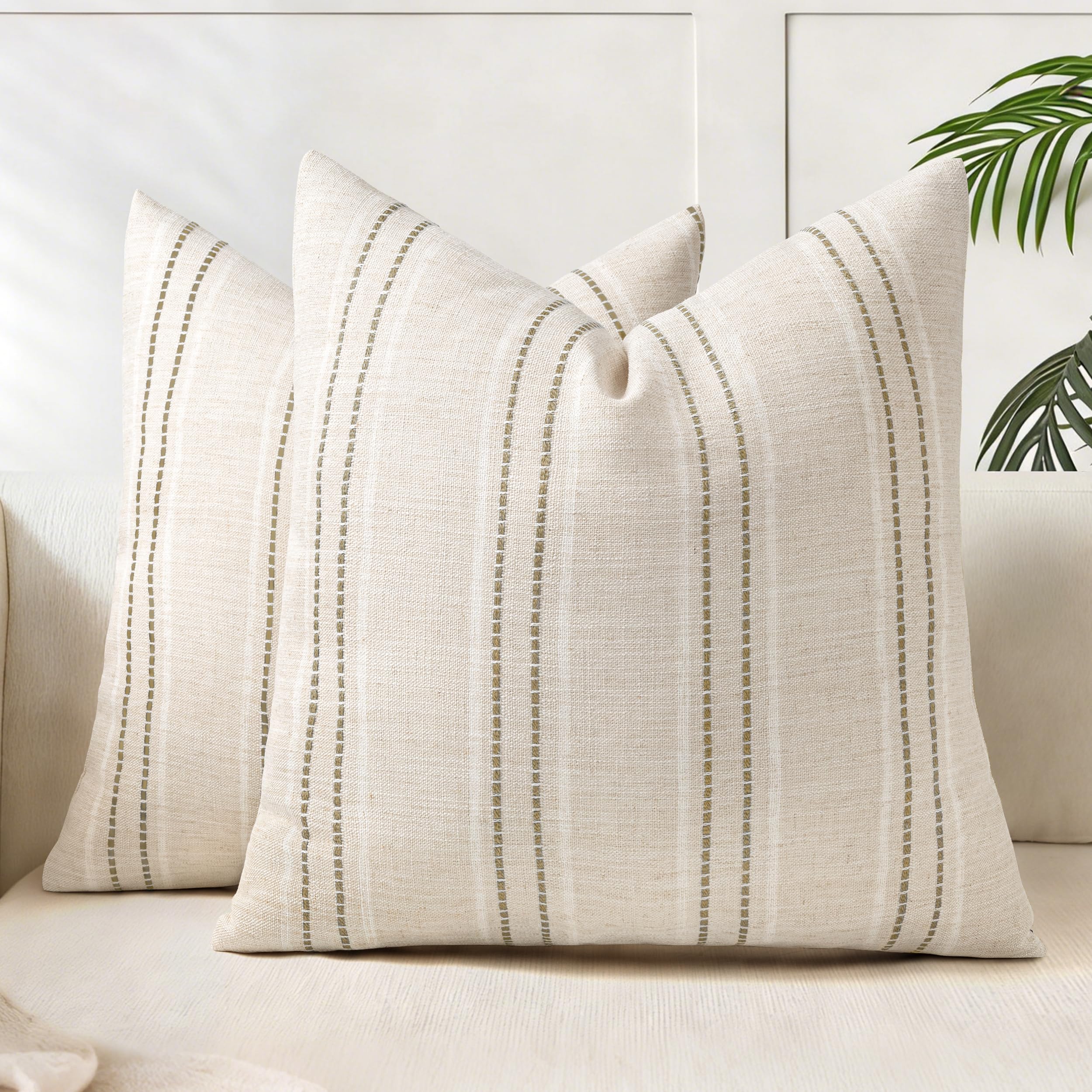AELS 16x16 Decorative Farmhouse Linen Throw Pillow Covers, Boho Textured Pillow Case, Set of 2, Beige with White & Brown Stitch Yarn Dyed Stripe Cushion Cover for Sofa Couch Living Room (Cover ONLY)