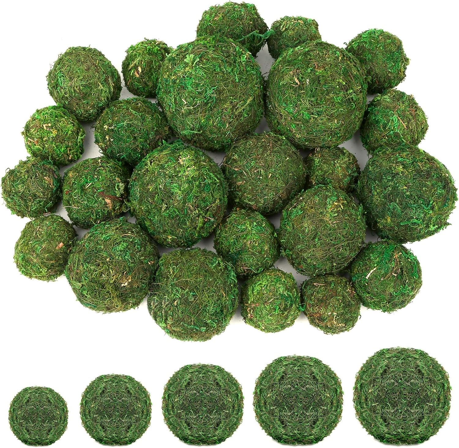 Lezmarket 24 Pcs Green Moss Balls for Home Decor, Handmade - Assorted Sizes