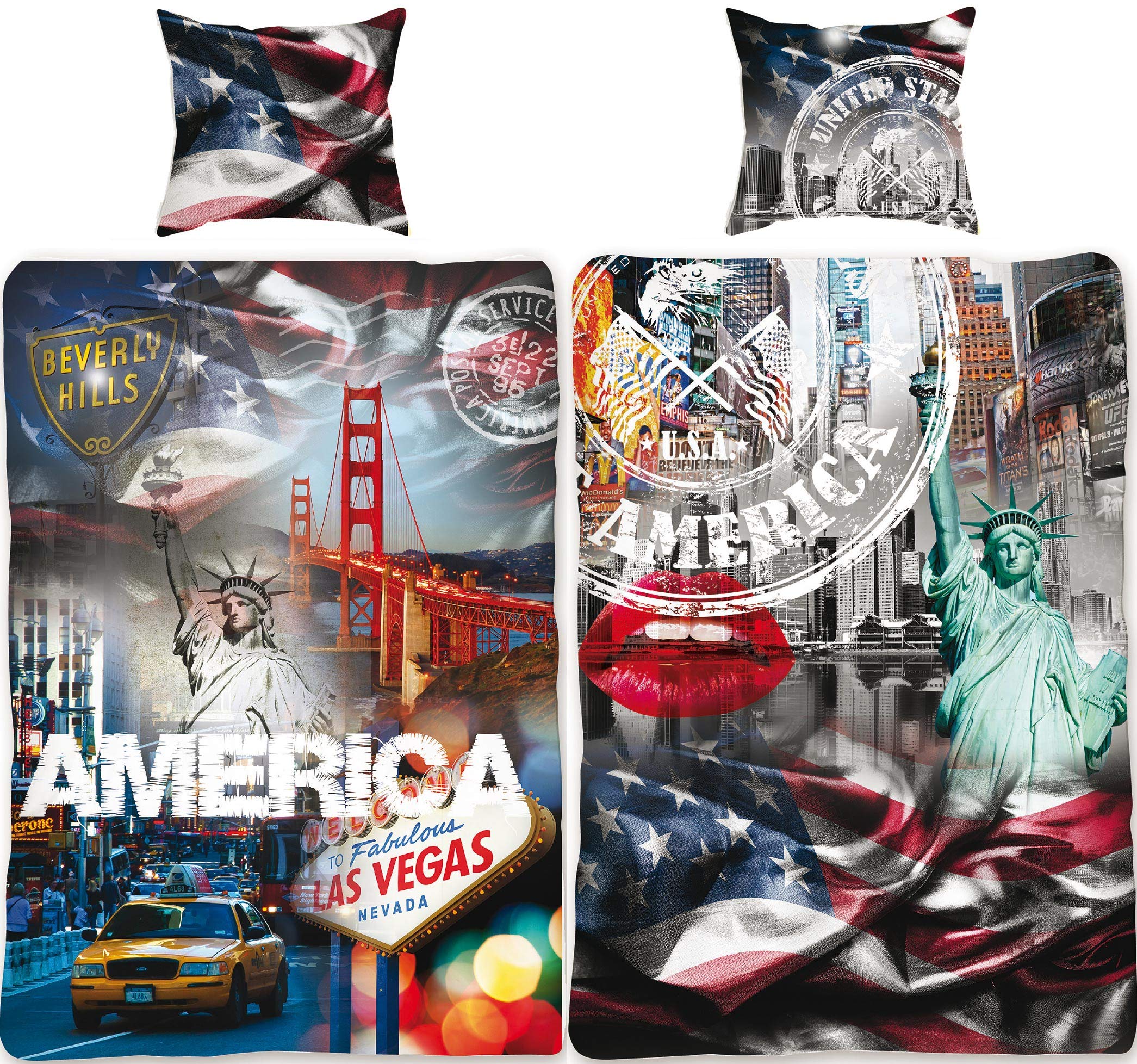 Parure de lit USA en coton 135x200 cm avec housse de couette bleu blanc rouge à motif réversible