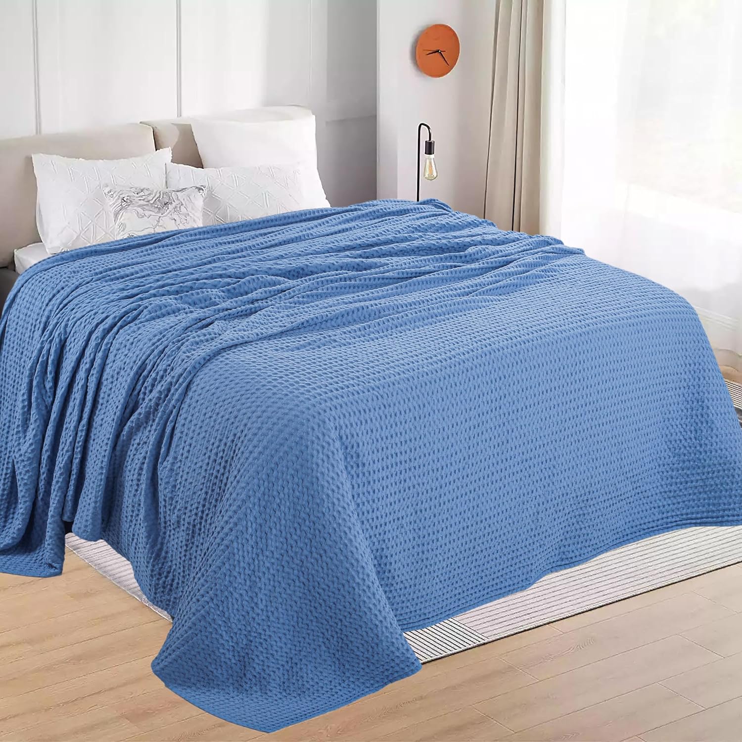 HILLFAIR 100% Cotton Blanket- 120"x120" XXL Oversized King Bed Blankets- Family Size 10 ft x 10 ft Big- Waffle Blankets- All Season Soft Breathable- Extra Large King Cotton Blanket for Bed- Sky Blue - Image 4