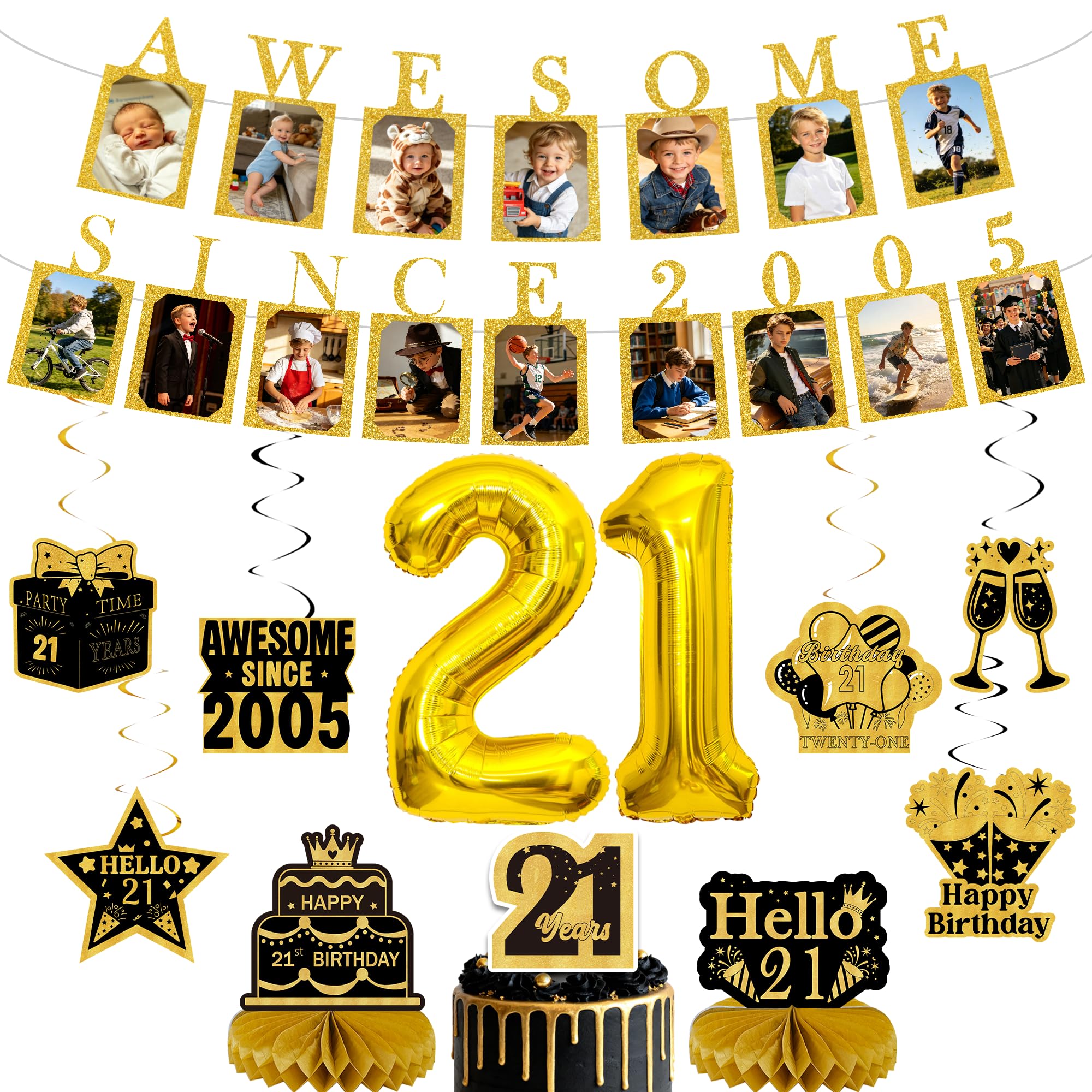 Happy 21st Birthday Banner Decorations, Gold Photo Banners Set