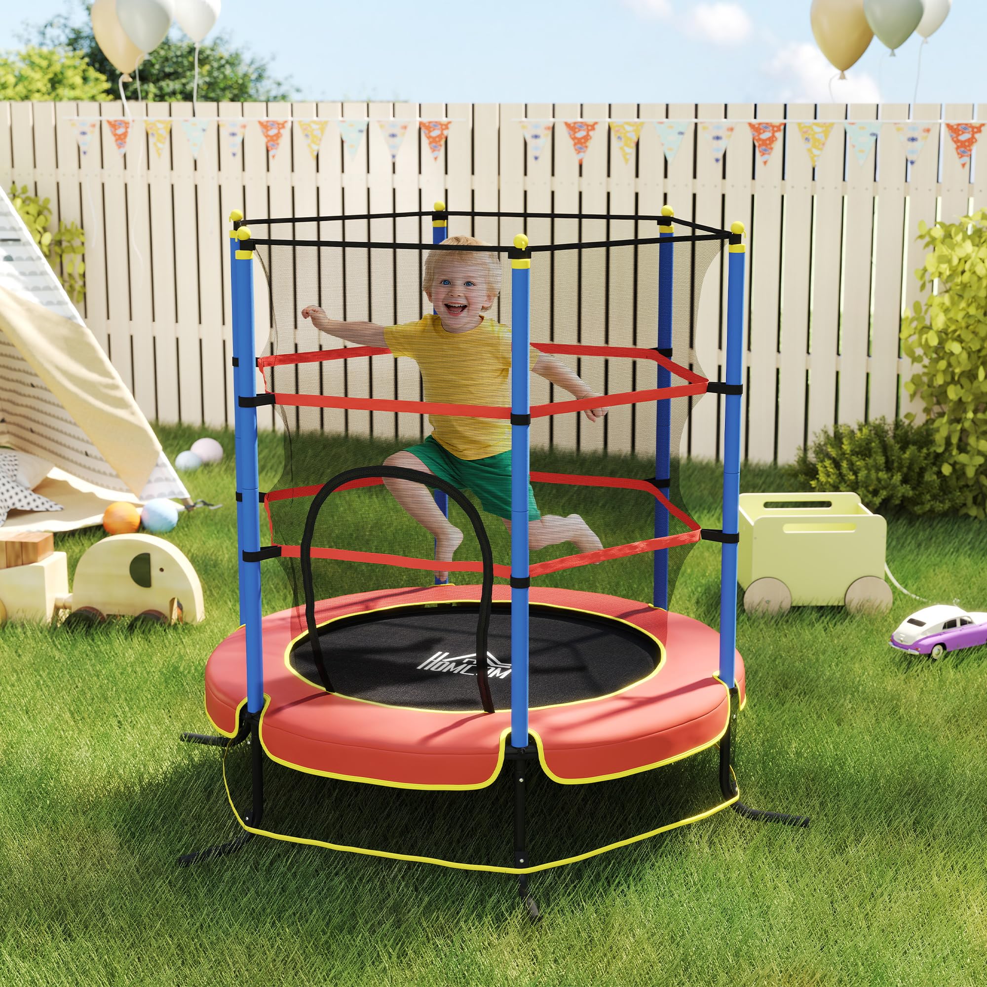 HOMCOM Trampolino Elastico per Bambini Età 3-10 Anni Ø175 x 190 cm Blu | Con Rete di Sicurezza, Tappeto Elastico, Pali Imbottiti, per Interno ed Esterno