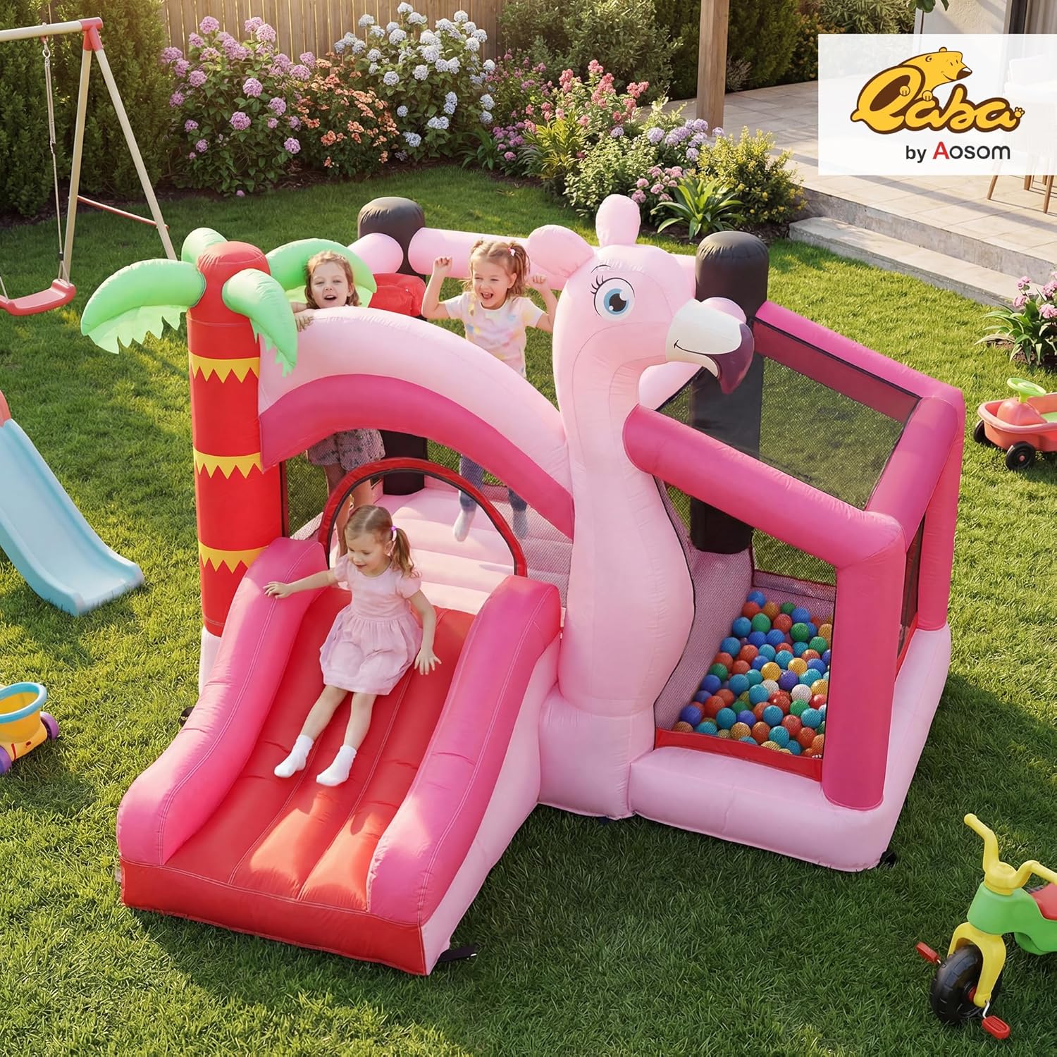 Qaba Inflatable Bounce House for Kids with Slide, Ball Pool and Basketball Hoop, 4-in-1 Jumping Bouncy Castle with Blower for Indoor Outdoor Backyard Party, Pink