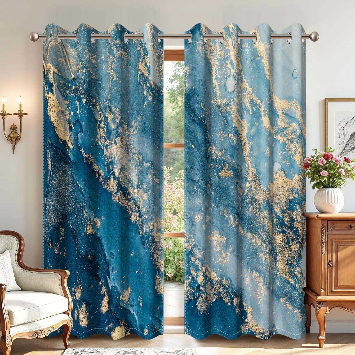 AWERT Ink Blue Gold Marble Blackout Curtains 84 Inches Long 2 Panels Modern Luxury Texture Thermal Insulated Drapes for Bedroom Abstract Art Window Curtains for Living Room Each Size 42x84 Inches