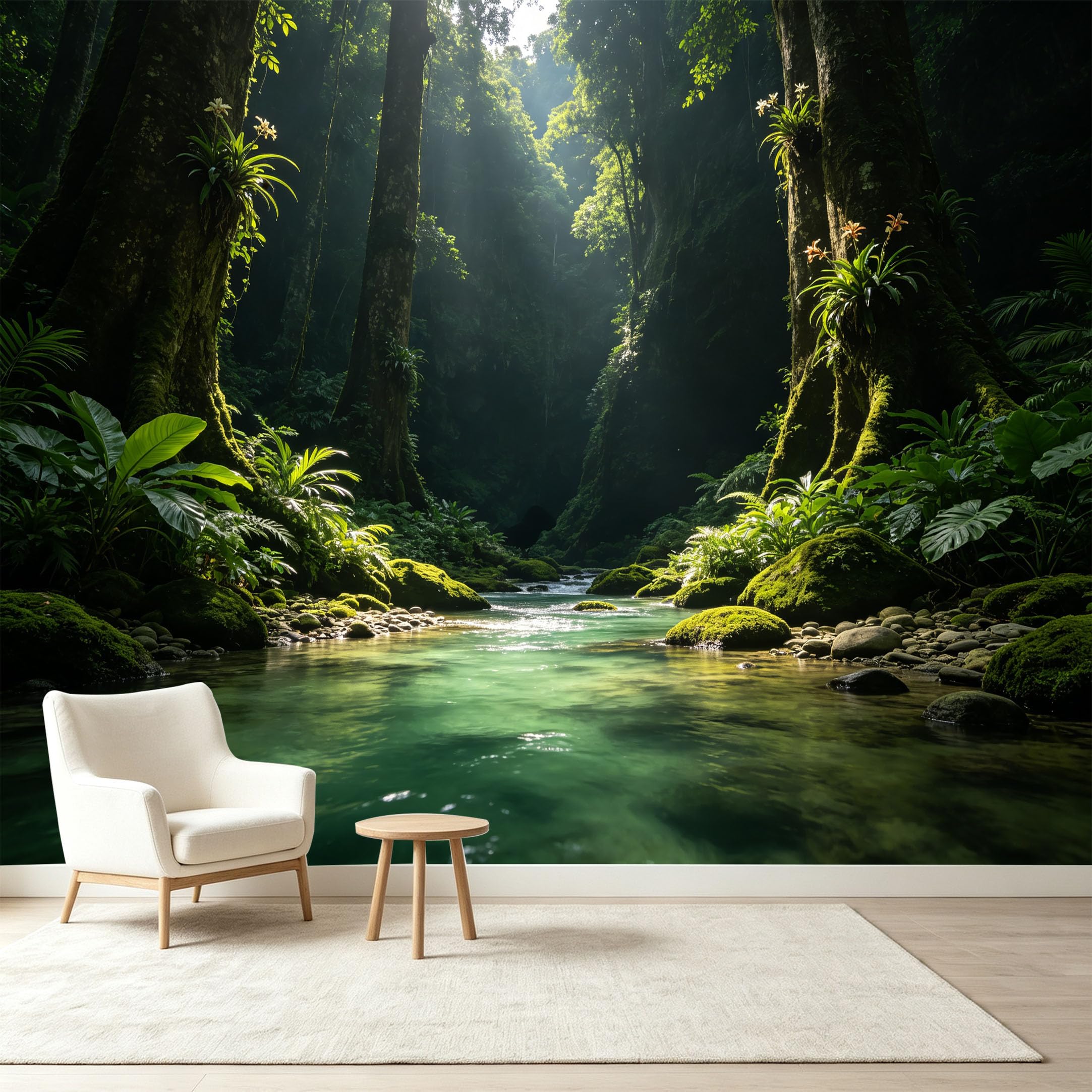 Custom Size Wall Murals Tropical Rainforest Landscape Sunbeam River Rock Self-Adhesive Wall Fabric Removable Wallpaper Wall Decor for Living Room Bedroom Bathroom