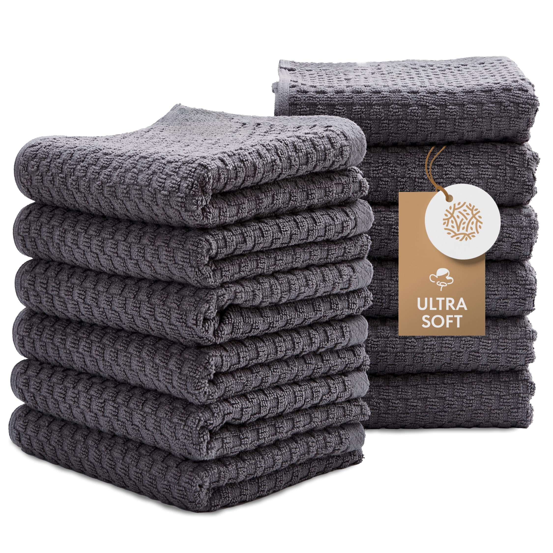 Wealuxe Super Absorbent Kitchen Towels 12 Pack - Premium 100% Cotton Kitchen Towels, 450GSM Thick Machine Washable Gray Dish Towels for Kitchen Drying, Cleaning, Dobby Weave, Unmatched Quality
