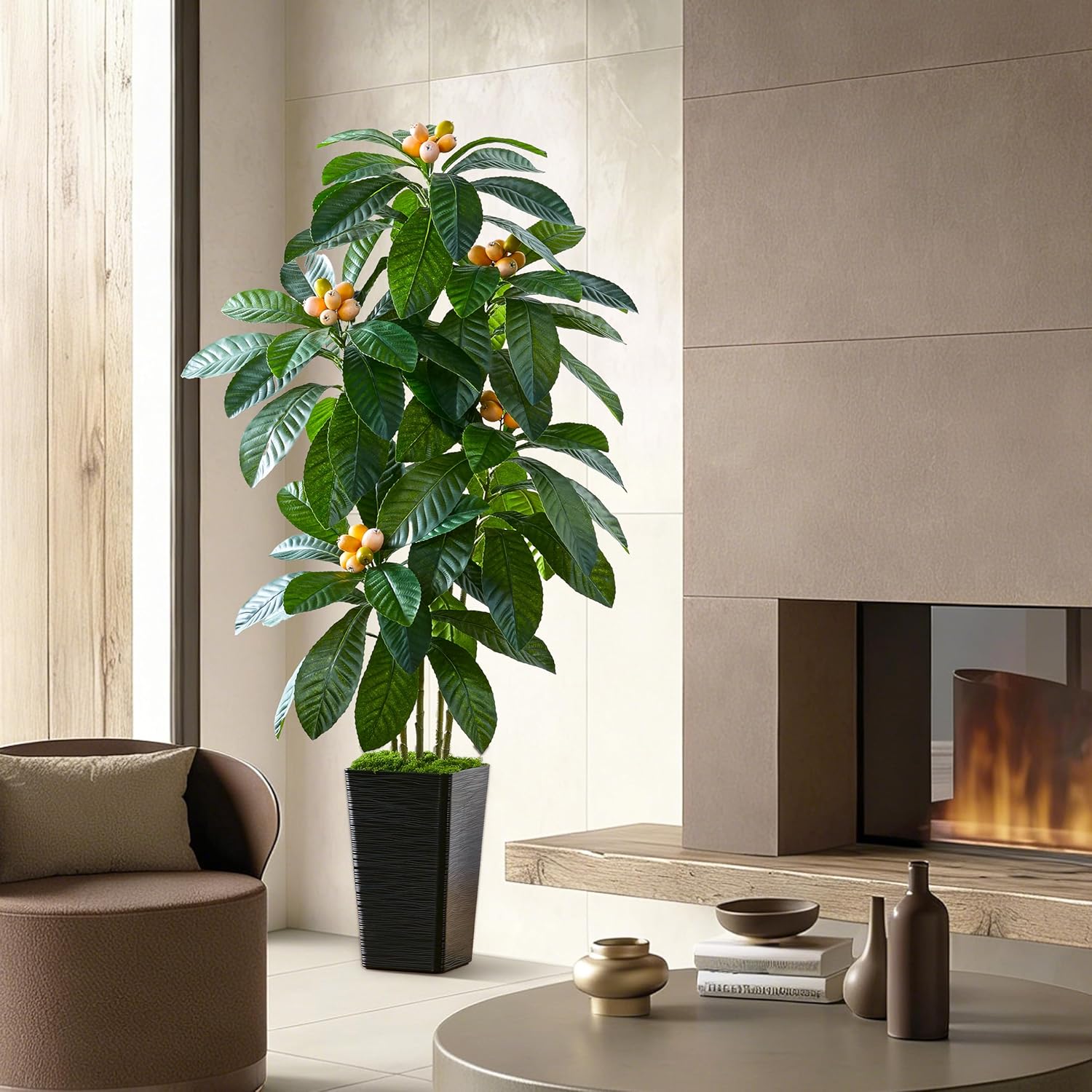 Artificial Loquat Tree Japanese Medlar Tropical Fruiting Plant Tall Artificial Plants Indoor-Loquat Tree Large Fruiting Silk Tree for Home Office Living Room Decor Indoor (Black Tall, 5FT)