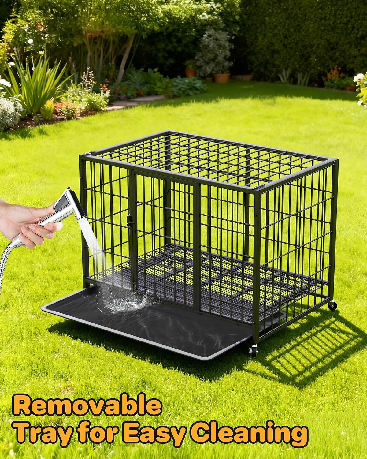 38'' Small Dog Crate, with 2 Doors & Stainless Steel Locks, Indoor Dog Kennel with Removable Tray and Swivel Wheels, Easy to Assemble and Clean, Cage for Small Breeds