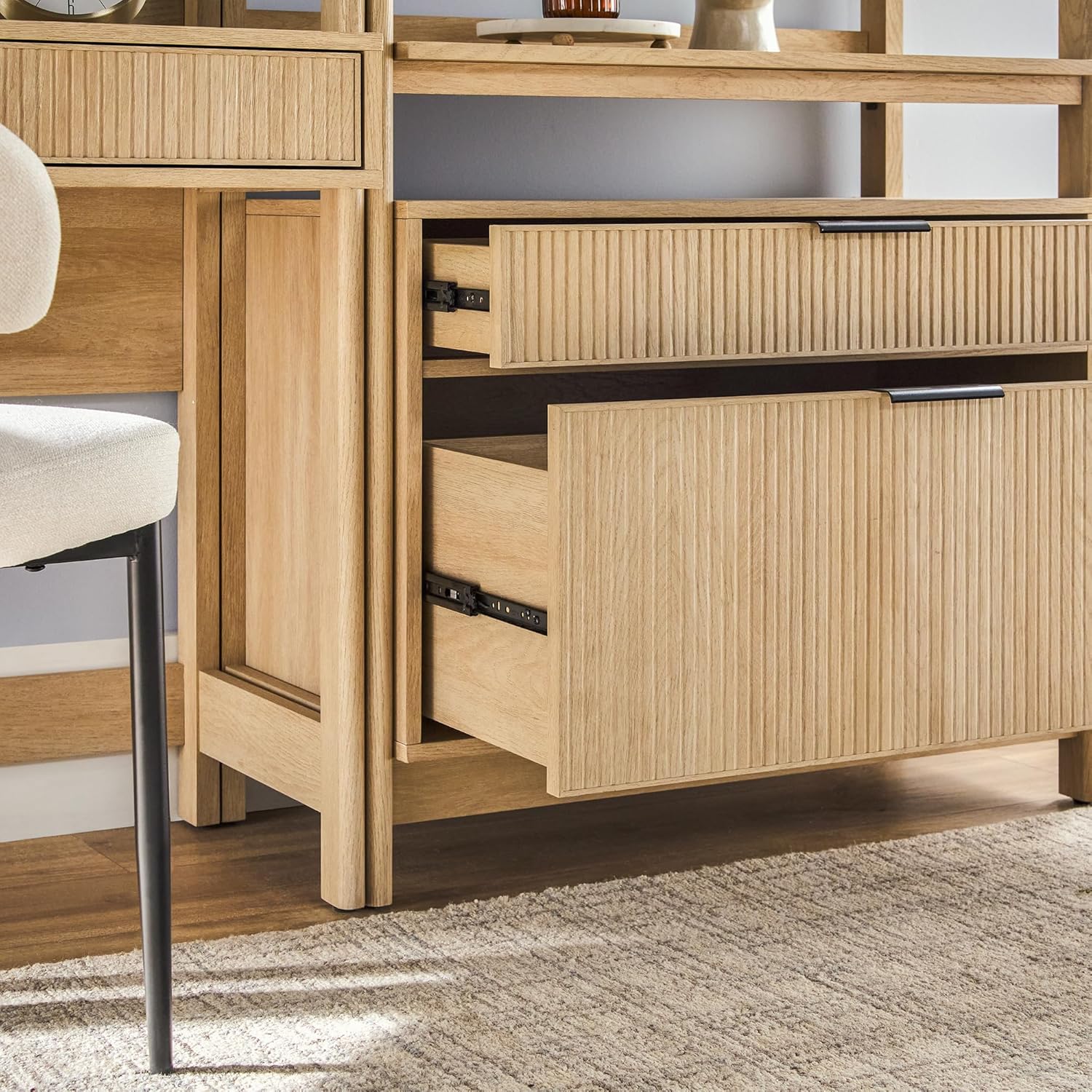 Walker Edison Transitional 3-Piece Hutch Desk with 2 Wide Bookcases, Reeded Drawer Fronts, Built-in outlets and USB Ports, Set of 3, Coastal Oak