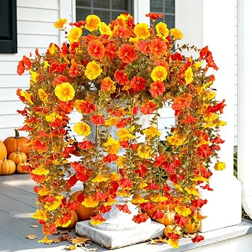 TSTWETO Fake Mums Artificial Fall Flowers for Outdoors, 2 PCS Fake Hanging Silk Flowers Outdoor Fake Plants UV Resistant, Realistic Faux Mums for Outdoor Planters Porch Yard Home Decor