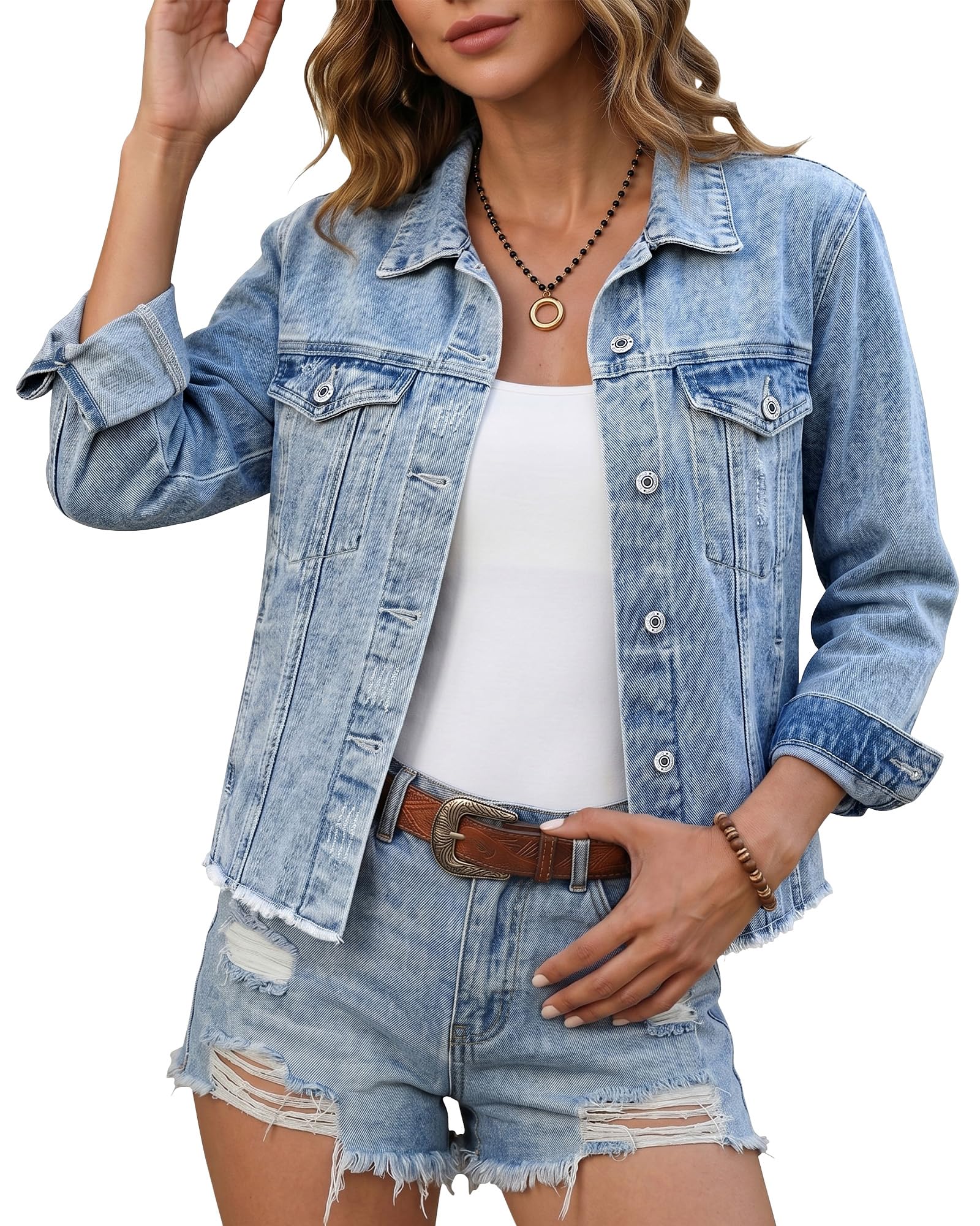 luvamia Denim Jacket for Women Distressed Jean Jackets Button Up Vintage Western Trucker Jacket Frayed Hem Pockets