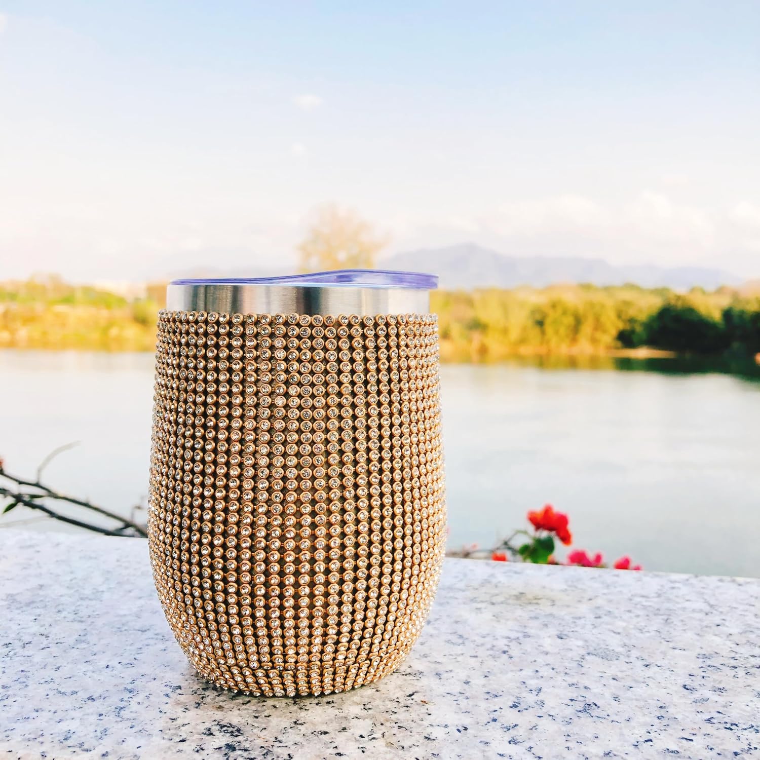 Water Bottle Wine Tumbler with Bling Diamonds, 12oz Tumbler Rhinestone for Wine Glass Tumbler Girls Trip Cups, Straw, Straw Brush and Cup Brush for Wine Coffee Cocktails Champaign, Gold