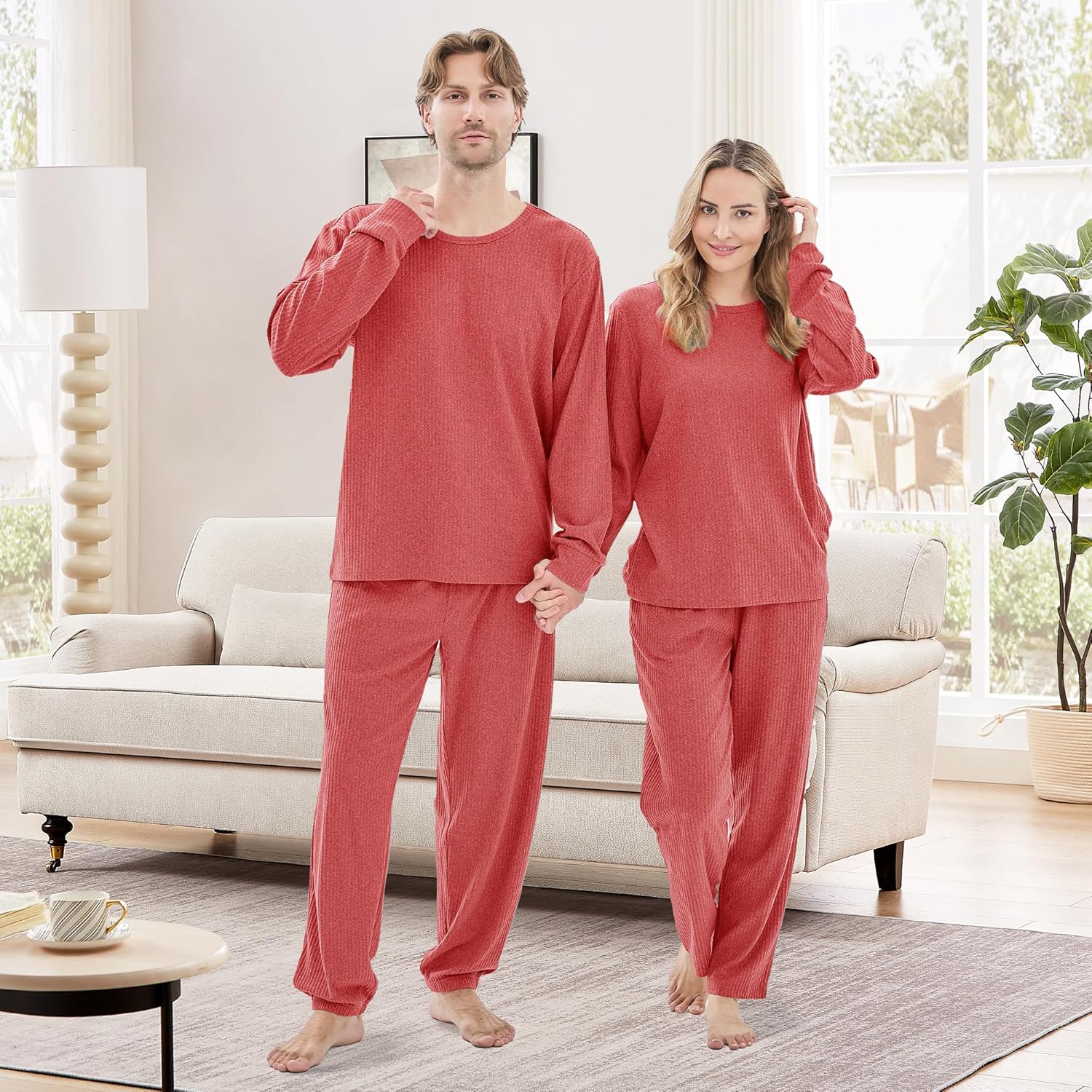 PJGGZ Ribbed Knit Matching Pajamas for Couples - Soft Cozy Pjs Long Sleeve Top & Wide Pant Sleepwear | Home & Lounge