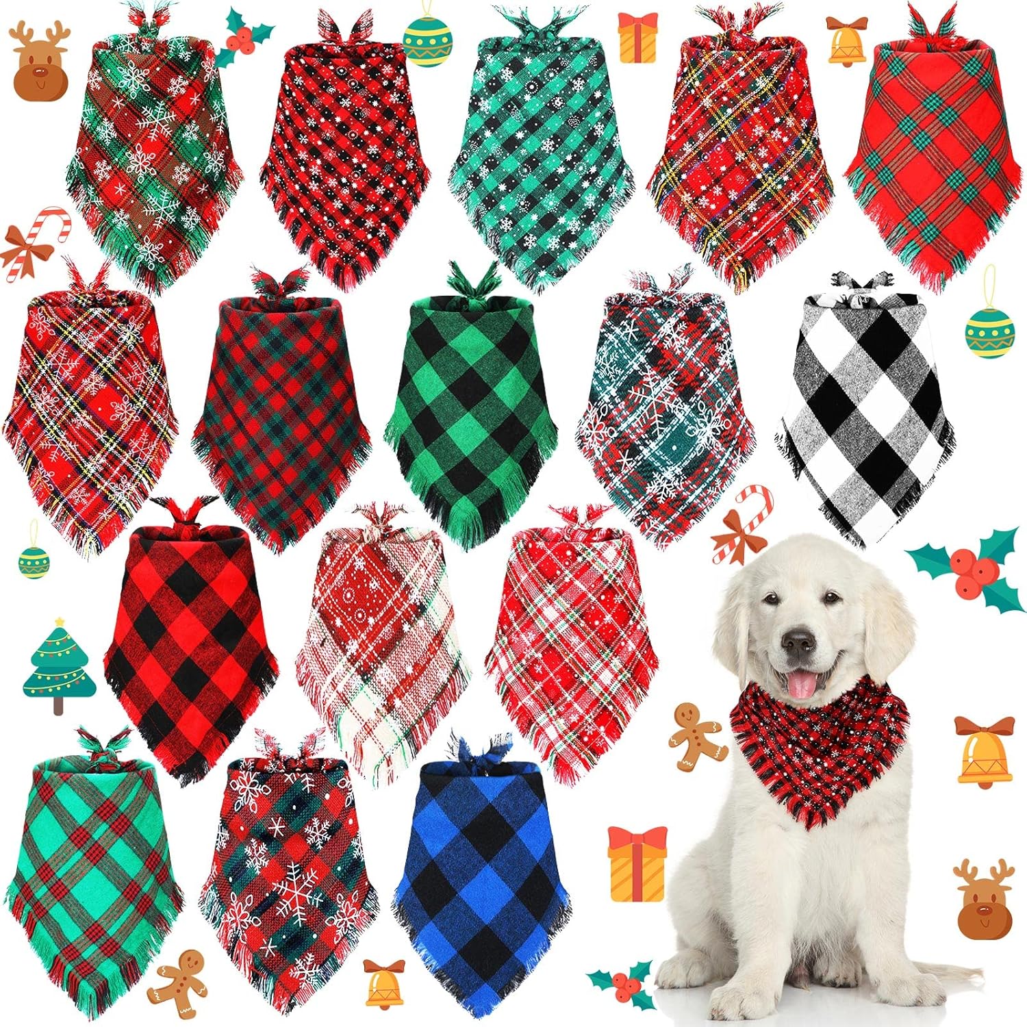 16 Pieces Christmas Dog Bandanas Bulk Classic Plaid Pet Scarf Triangle Puppy Bibs Kerchief Tassels Checked…