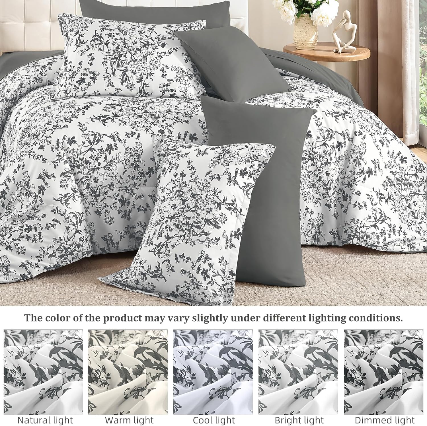 WONGS BEDDING Queen Size Comforter Set, 8 Pieces Grey Floral Bed in a Bag Comferter Sets, Botanical Print Soft Fluffy Microfiber Complete Bedding Sets for All Season (90"x90")